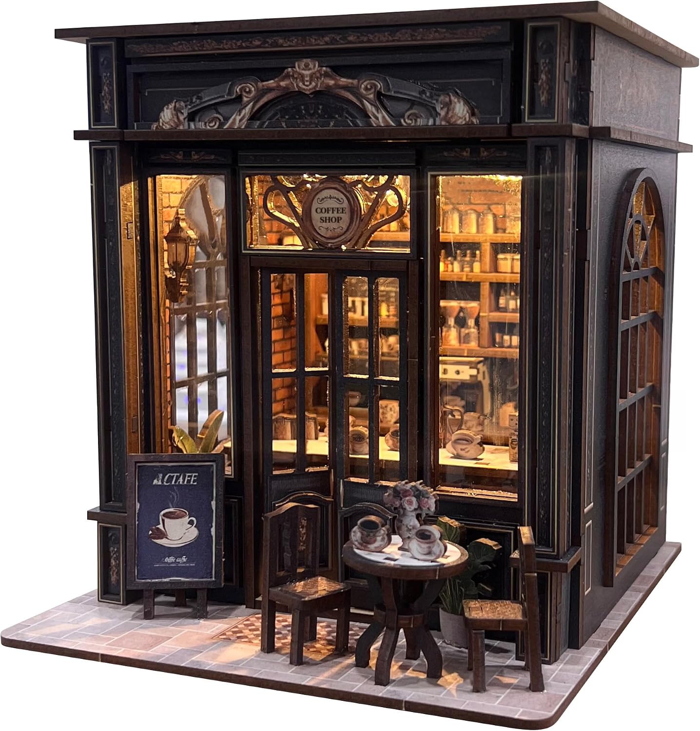 Coffee Shop Book Nook Kit, DIY Miniature House Kit with Led Light