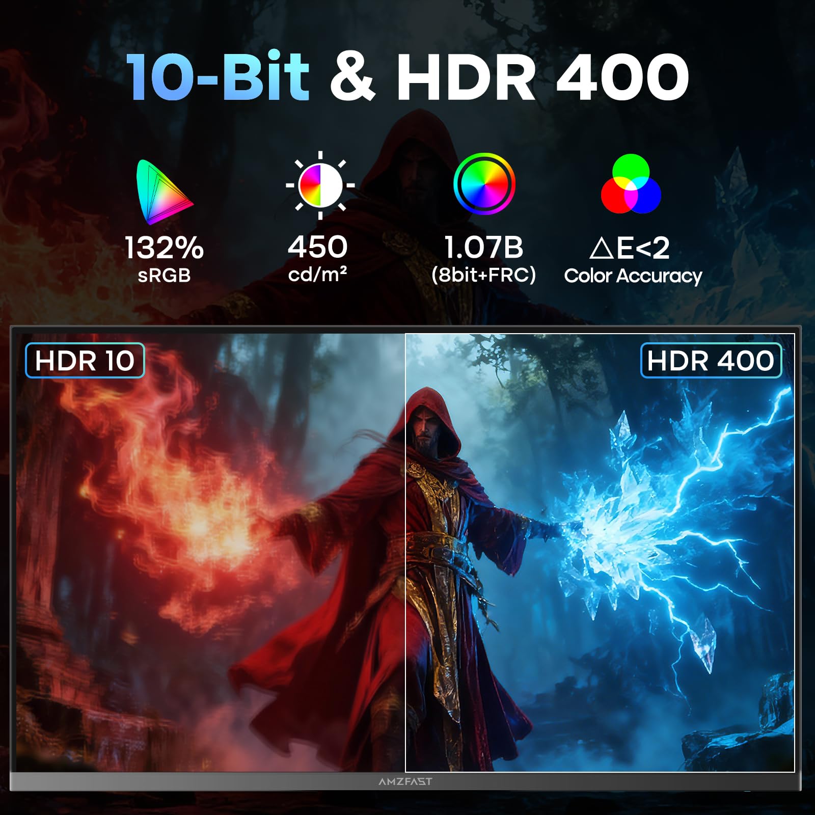 Amzfast Gaming Monitor 27 Zoll, QHD 2560x1440, 200Hz, Fast-IPS 1ms MPRT, Adaptive Sync, HDR400, 132% sRGB, Lautsprecher, VESA + ausziehbarer Kopfhörerhalter – AMZG27F5Q
