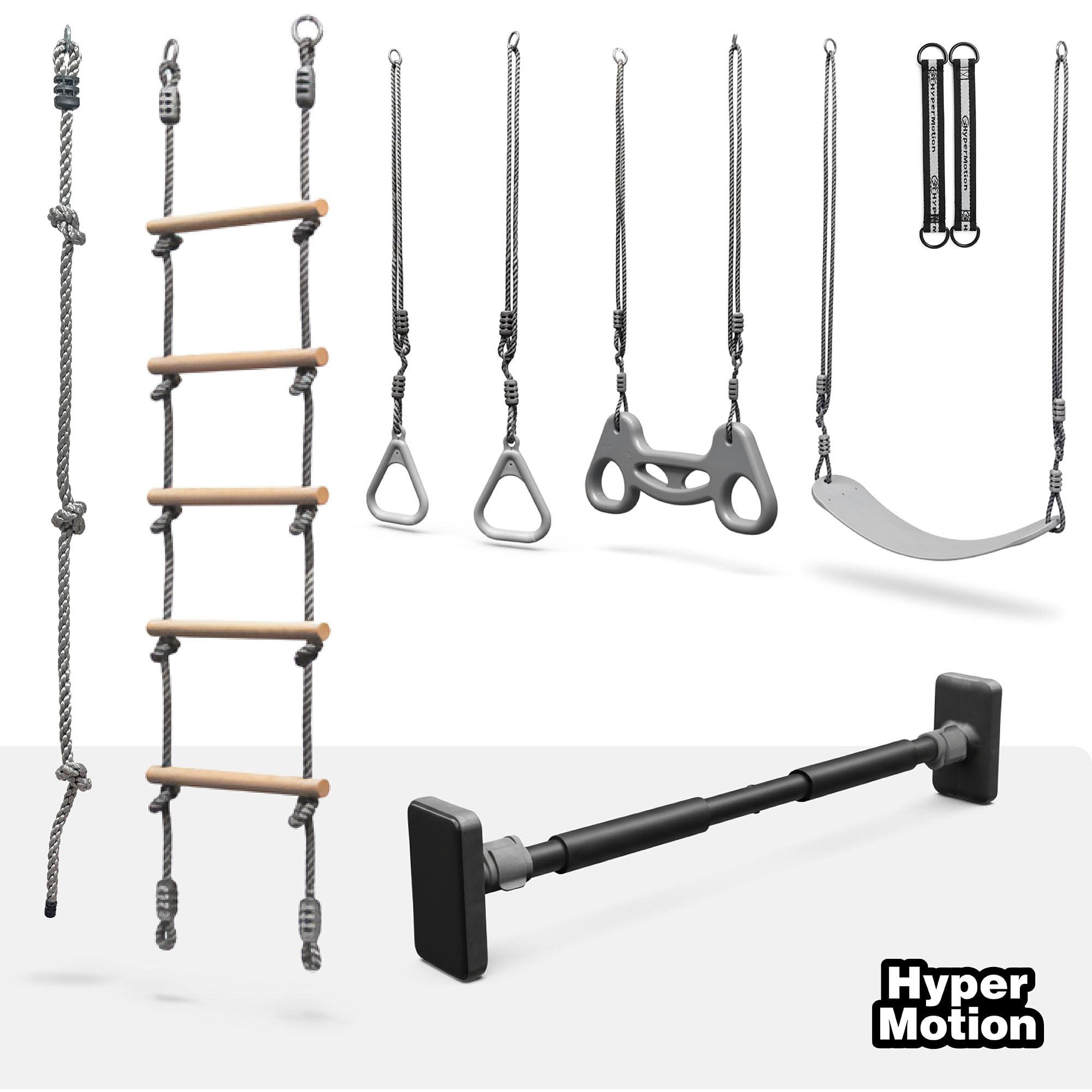 HyperMotion Klettergerüst 6in1 Kinder Indoor Outdoor – Türreck mit Strickleiter, Kletterseil, Schaukel, Turnringen & Trapez aus Buchenholz, höhenverstellbar, ab 3 Jahren, bis 100 kg