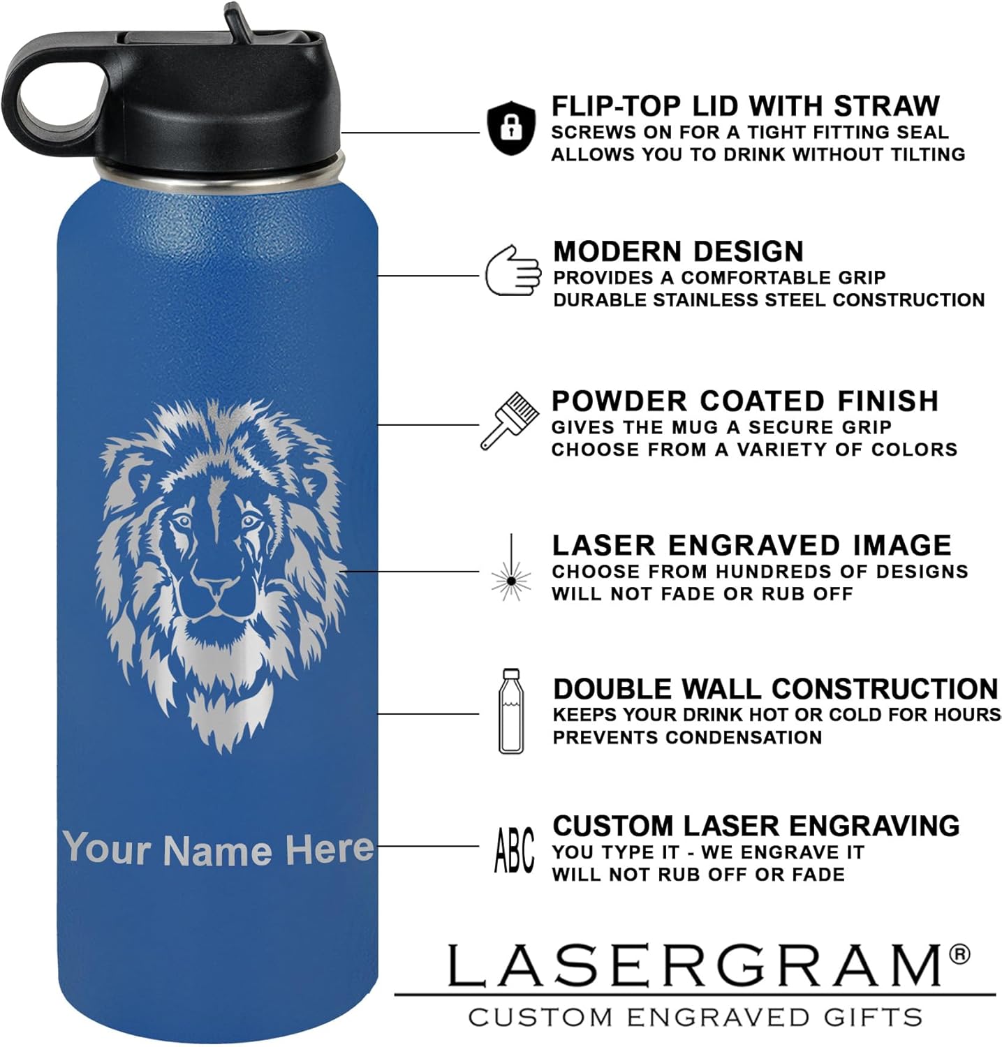 LaserGram Personalized Water Bottle, Pineapple, Stainless Steel Double Wall Vacuum Insulated with Flip Top Straw, Custom Engraved Gift (40oz / 1180ml Dark Blue)