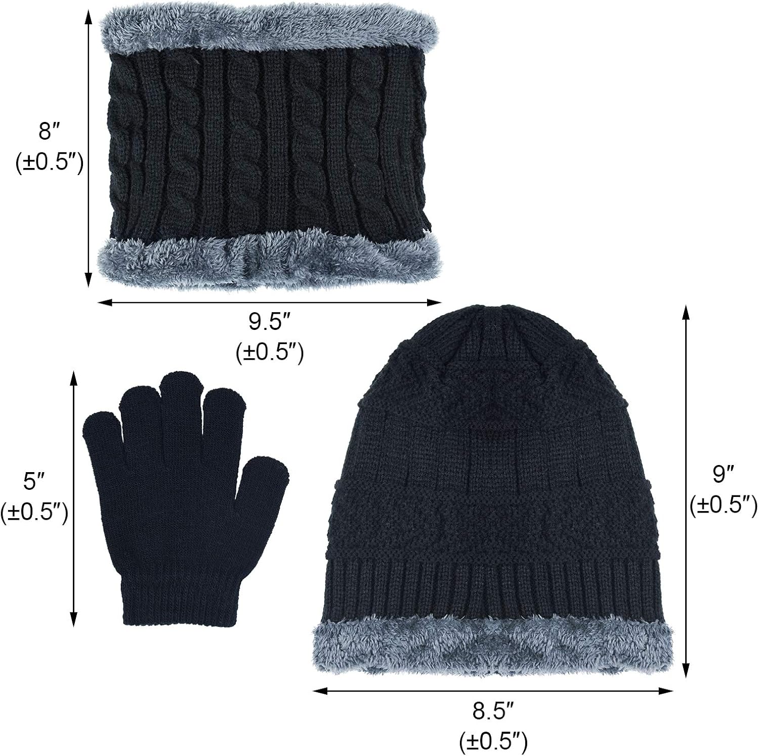 EAONE Winter Knitted Beanie Hat and Neck Scarf Set with Gloves, Thick Fleece Lining Cap Neck Warmer Gaiter for Boys Girls, Black: Clothing, Shoes & Jewelry