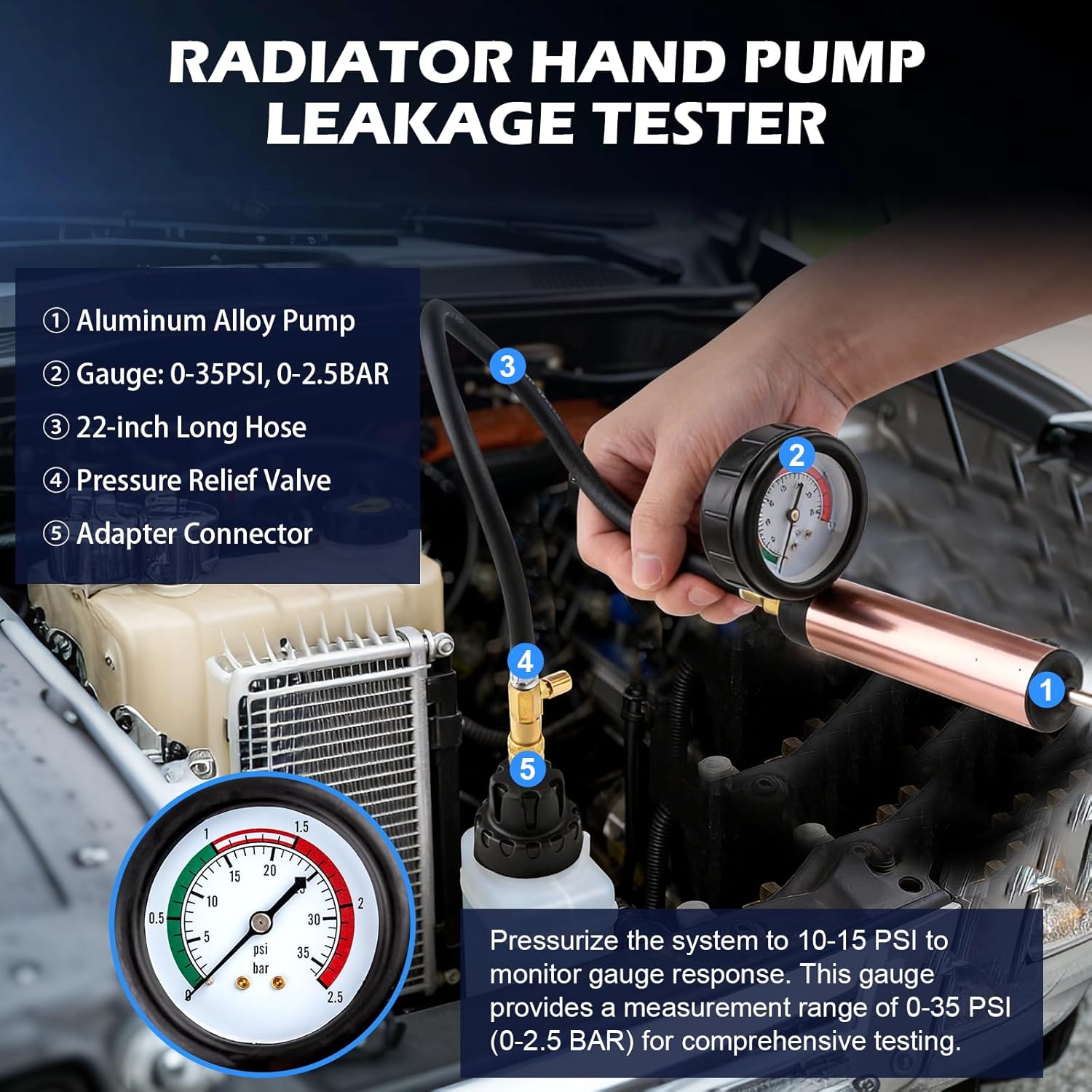 31PCS Coolant Pressure Tester Kit, Radiator Pressure Tester and Vacuum Refill Kit for Automotive Cooling System, Includes 23 Adapters