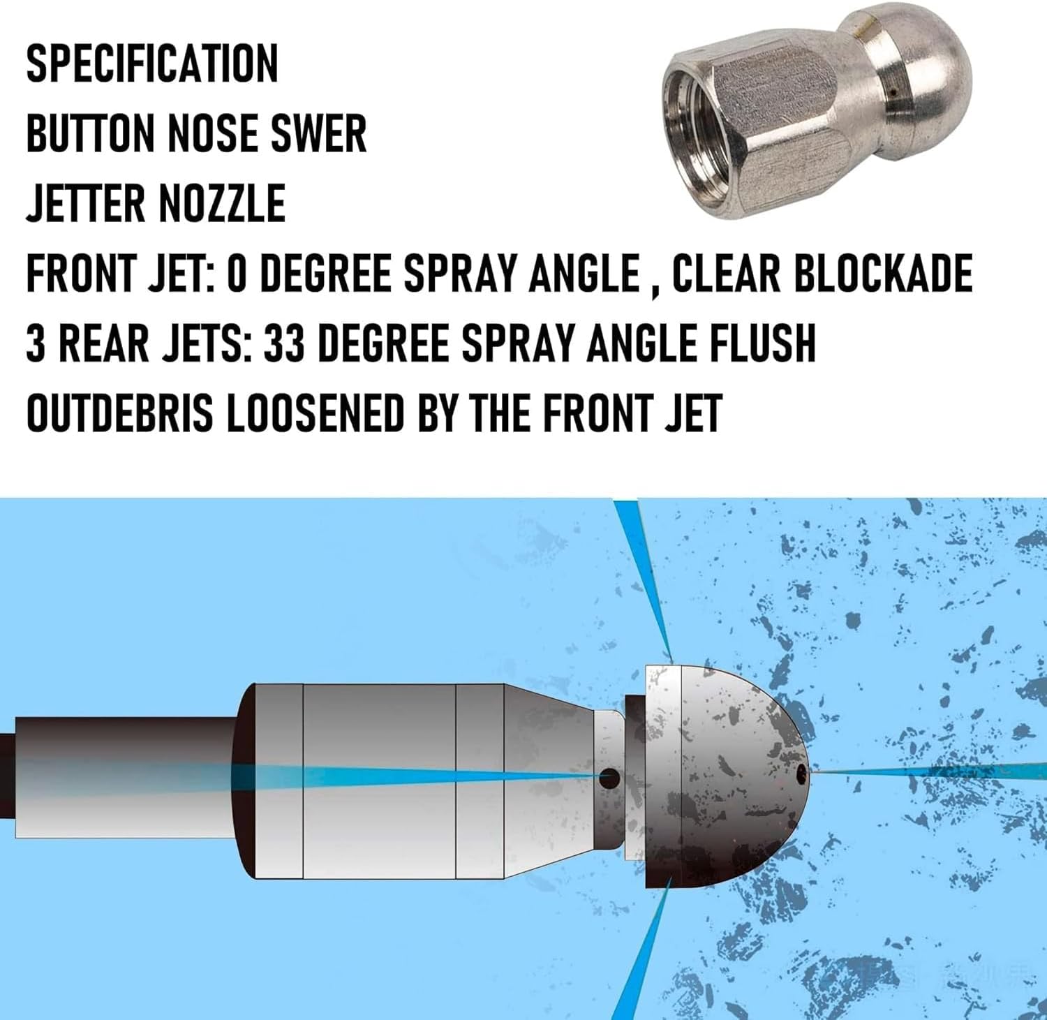 Xiny Tool Sewer Jetter Kit for Pressure Washer 50FT, 4000 PSI Drain Cleaner Hose 1/4 Inch NPT, Corner Rotating and Button Hose Sewer Jetting Nozzle Pearl Corsage Pin Tape Handle Strap Spanner, Blue