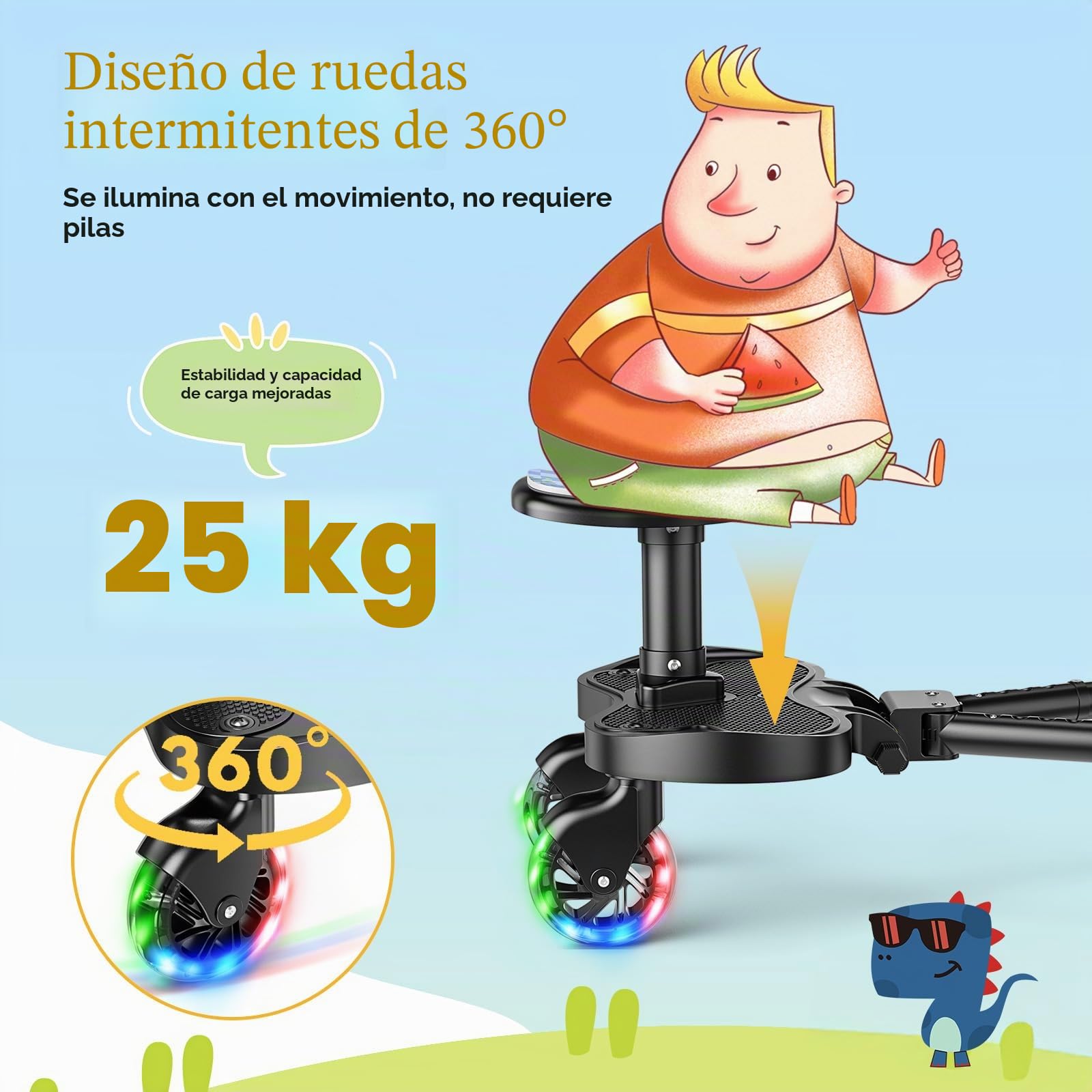 Silla de paseo con asiento, plataforma universal con ruedas LED, accesorios para niños a partir de 2 – 6 años (25 kg), accesorios para cochecito de bebé para más del 99% de los cochecitos