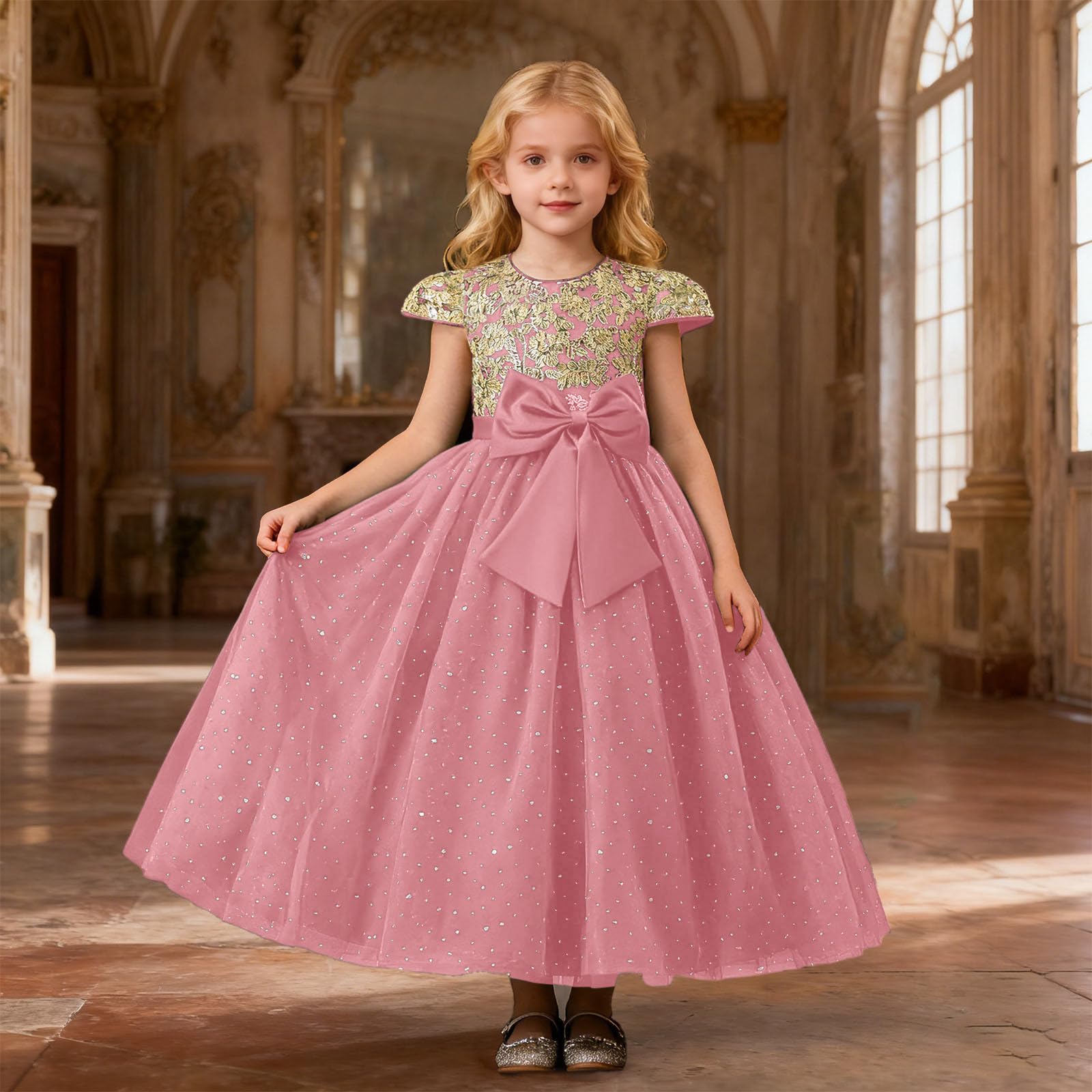 Vestido de niña con Bordado, Mangas abullonadas, tutú, Vestido de Fiesta para celebración de cumpleaños y Elegante Lazo, Atuendo Formal, de Tul, Transpirable y Ligero, Ideal para Verano