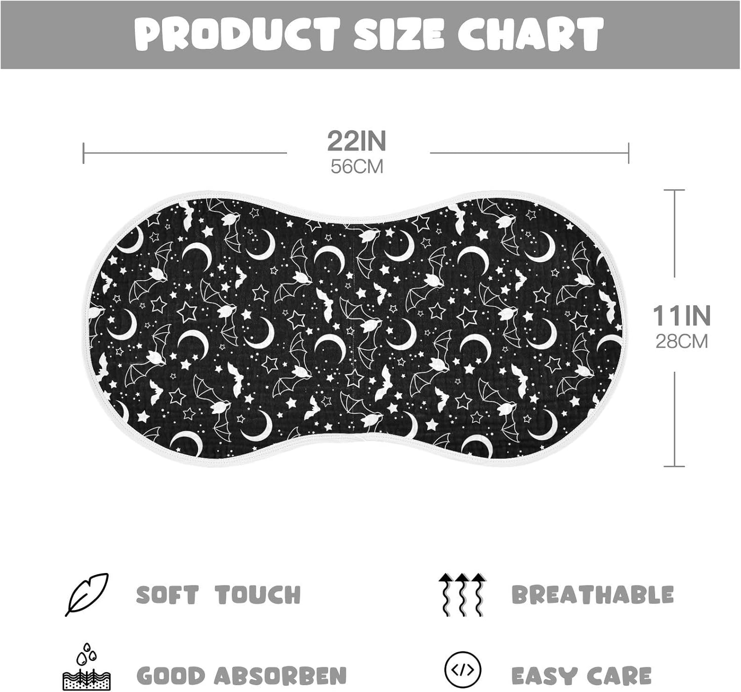 Muslin Burp Cloths for Baby Boys and Girls - 4-Pack Ultra Absorbent Halloween Bats Moons Star Muslin Washcloths, Newborn Towel, Milk Spit Up Rags, Burp Cloth Bib for Unisex, 22 x 11 Inch