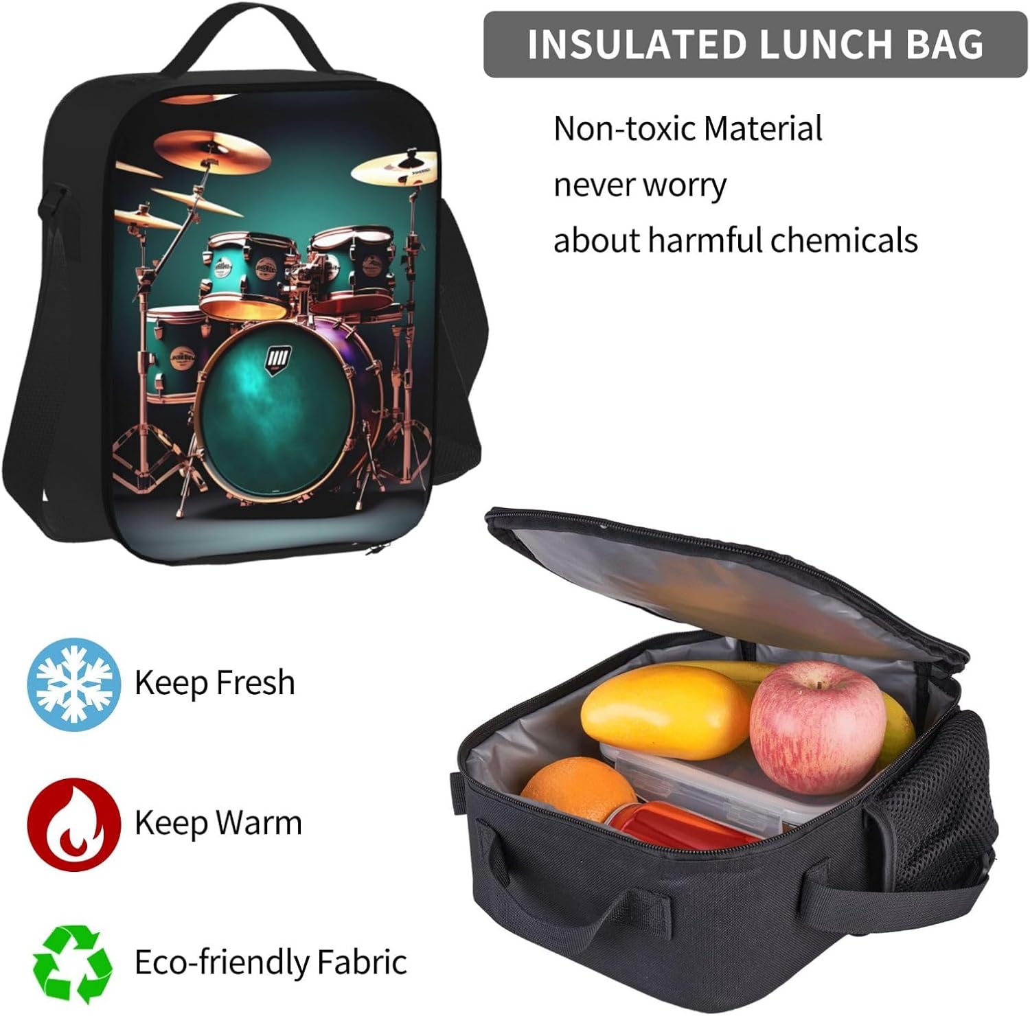 3-In-1 Backpack Bookbag Set,Cool Drum Set Print Casual Travel Backpacks,With Pencil Case Pouch, Lunch Bag