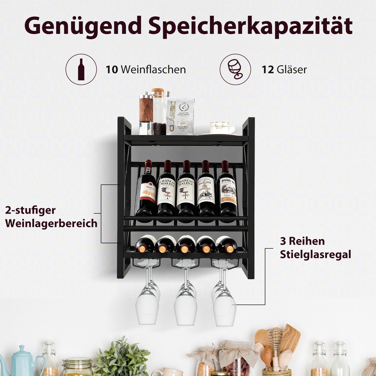 Wijnrek Met Glashouder, Wijnfleshouder Metaal, Flessenrek Aan De Muur Hangend Flessenrek Wandrek Hangwijnrek Voor Wandmontage 50 X 10 X 17 Cm Wijnrek Met Glashouder, Wijnfleshouder Metaal, Flessenrek Aan De Muur Hangend Flessenrek Wandrek Hangwijnrek Voor Wandmontage 50 X 10 X 17 Cm