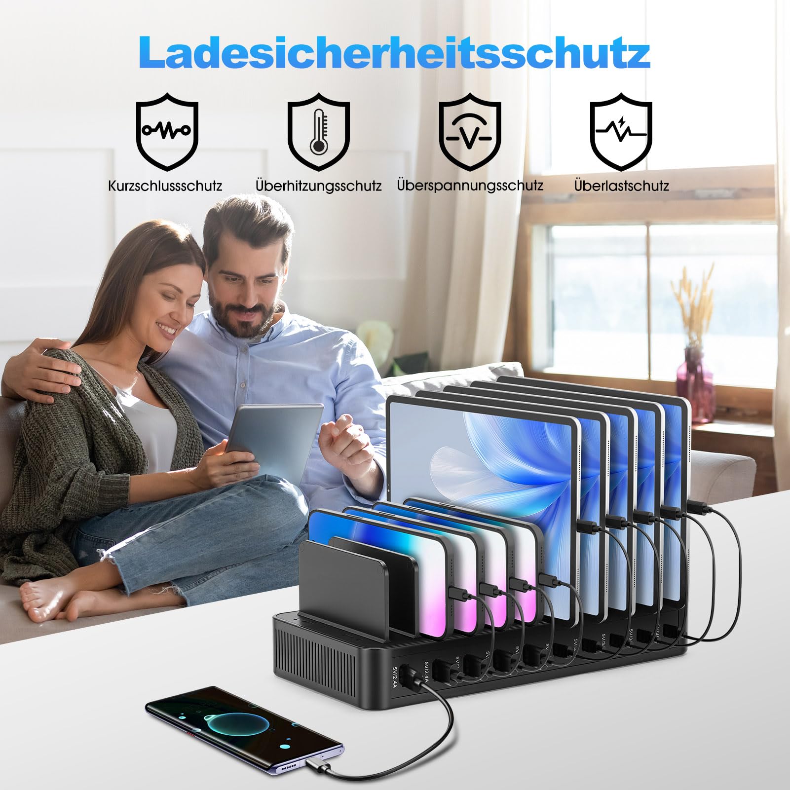 USB Ladestation Mehrere Geräte,10 Ports Ladegerät mit Trennwänden,Schwarz