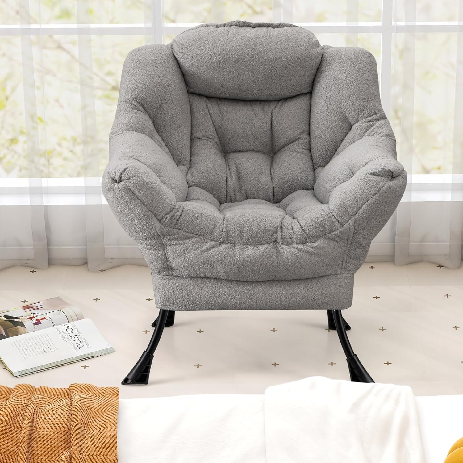 GIANTEX Sillón de Lectura Moderno con Estructura Metálica, 80 x 74 x 97 cm, Silla de Sofá Tapizado de Vellón Falso, Sillón Individual con Reposabrazos y Bolsillo Lateral, para Salón, Oficina (Gris)