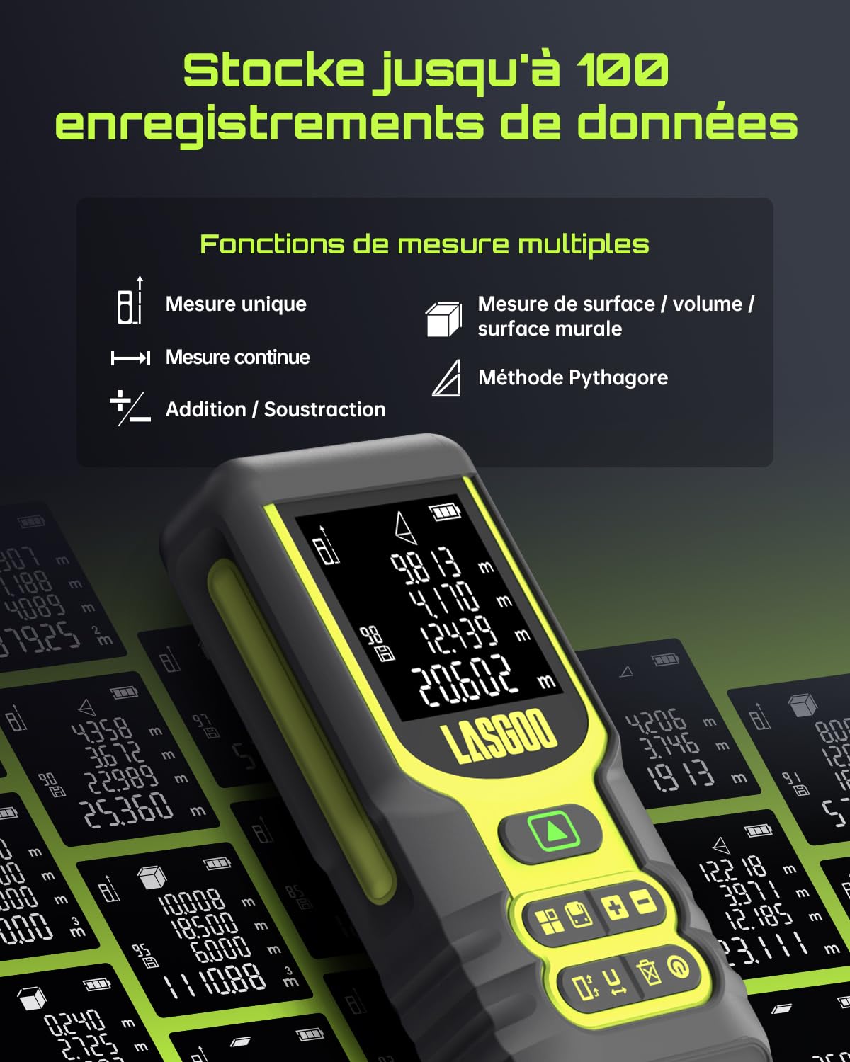 Télémètre Laser, LASGOO 60m/197ft Mètre Laser avec Unités Multiples Ft/in/M, écran LCD rétroéclairé, Mode Pythagoricien, Surface et Volume, Batterie Incluse