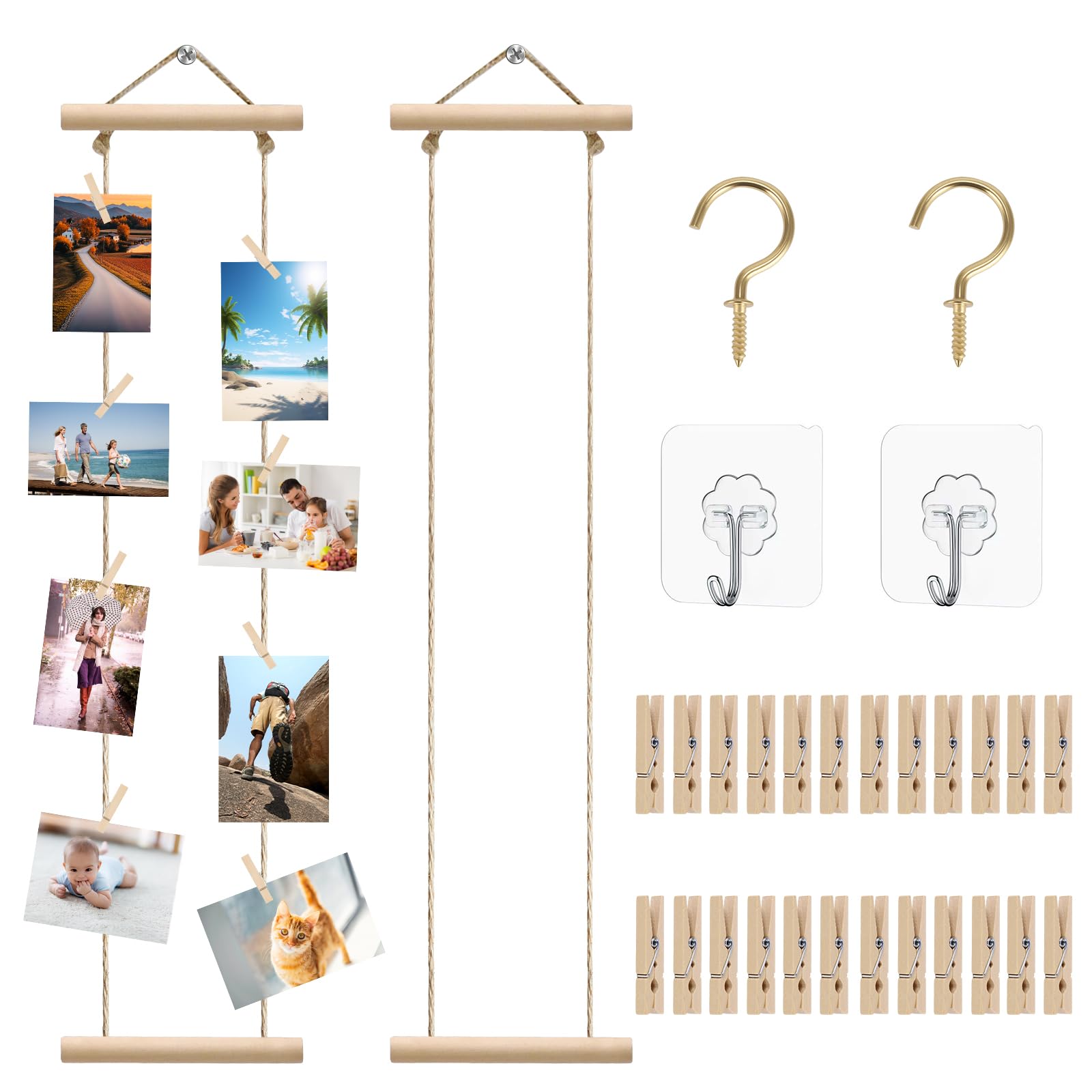 Set of 2 Hanging Photo Display with 30 Clips and Hook, Wooden Photo Display Board, Hanging Photo Displays, DIY Home Decoration Photo Wall Display Suitable for Home Decoration