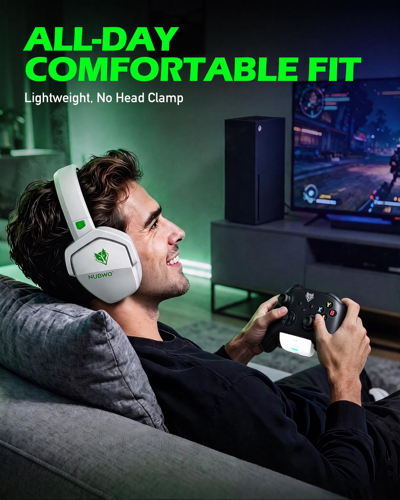NUBWO G06 - Auriculares inalámbricos para videojuegos con micrófono para Xbox PS5, PS4, PC, 23 ms de baja latencia, 100 horas de reproducción, controlador de 50 mm, color blanco y verde