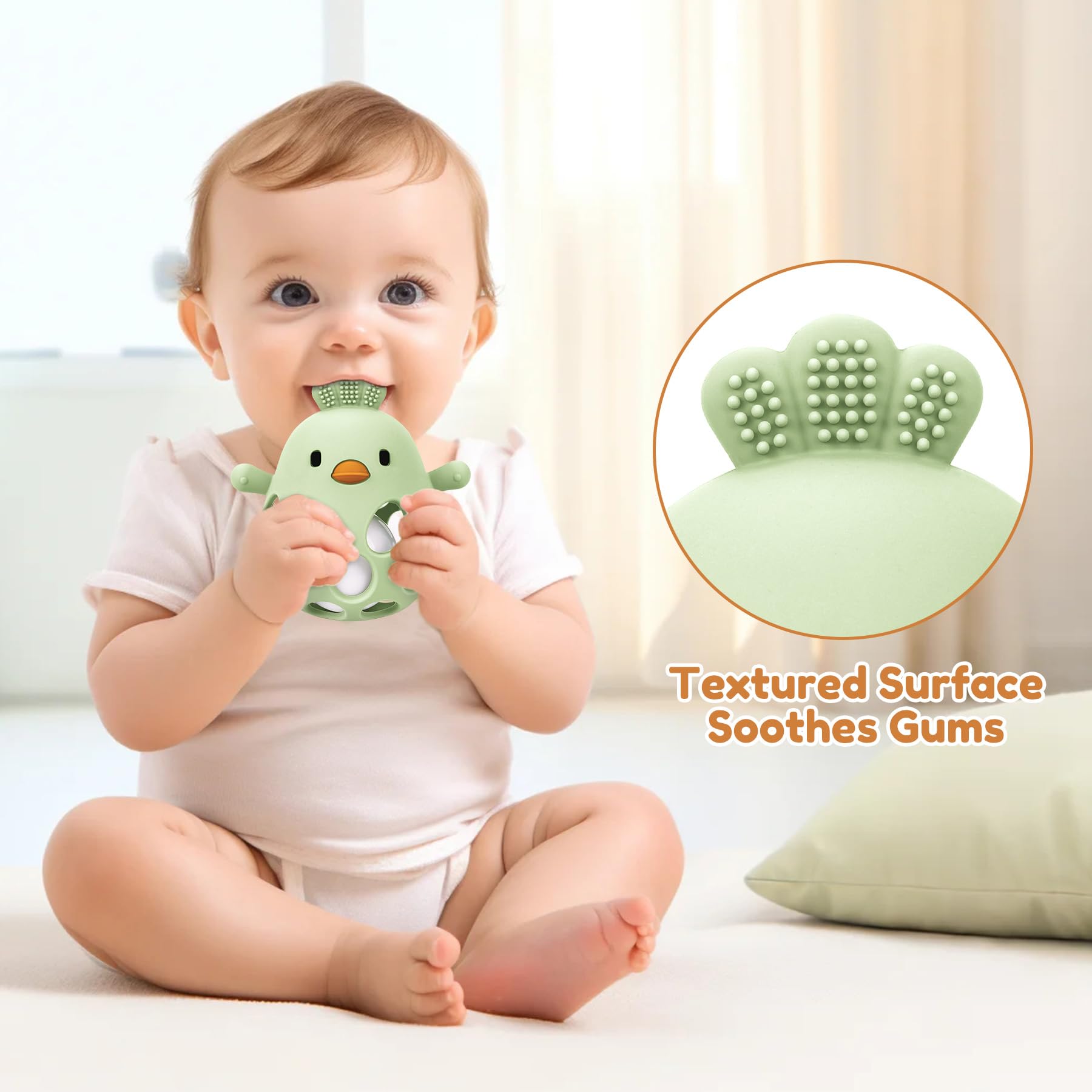 MCGMITT Massaggiagengive in Silicone con Sonaglio – Palla Flessibile da Presa a Forma di Pulcino Priva di BPA Morbida e Facile da Tenere Giocattolo Montessori per la Dentizione Bambini – Verde