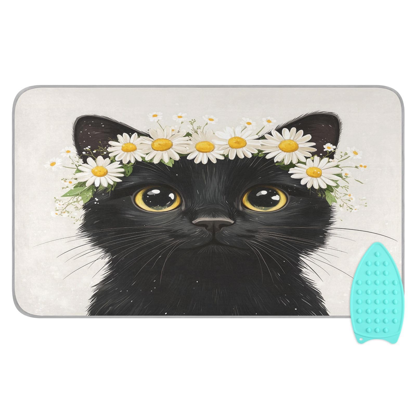 pnyoin Portable Ironing Mat Daisies and Black Cat Travel Ironing Pad with Silicone Iron Rest for Steam Pressing on Tabletop or Bed Heat Resistant Portable Quilting & Travel Blanket