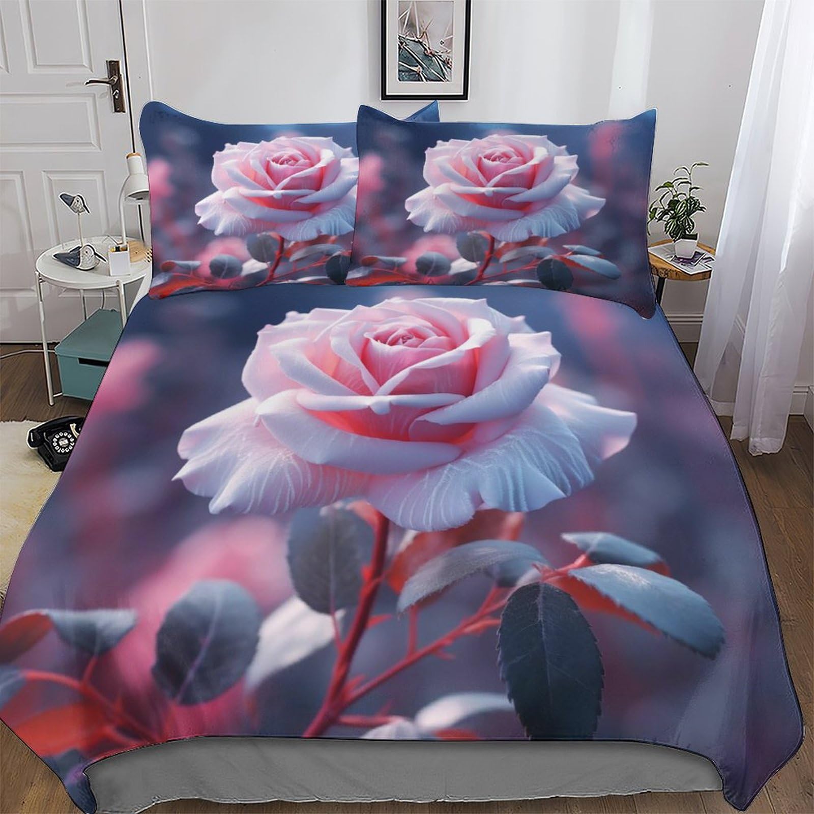 LLXXHH Rose Duvet Cover Bedding Set Soft Microfiber Quilt Covers 3 PCs with Pillowcase For Boys, Girls Comforter Cover Double (200x200cm)