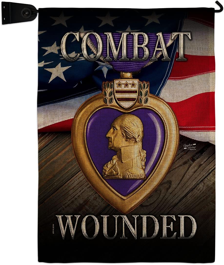Purple Heart Combat Wounded Garden Flag Set with Stand Armed Forces Military Service All Branches Support Honor United State American Veteran Official Gift Yard House Double-Sided 13 X 18.5
