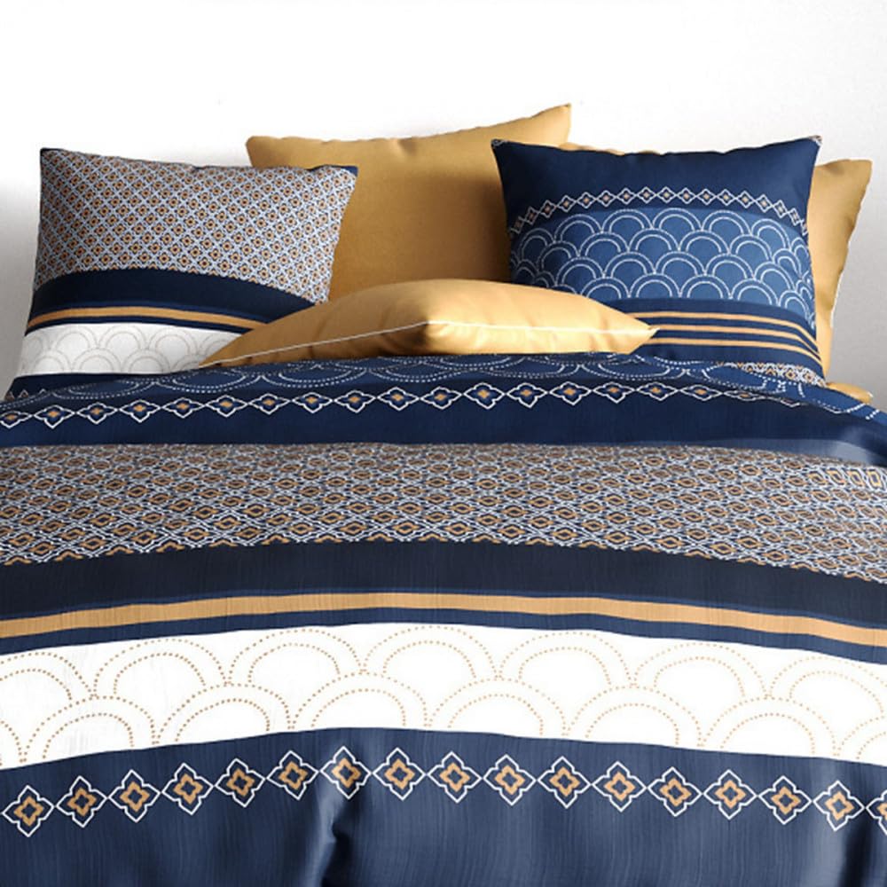 Parure de lit KALYPSO Bleue, Blanc et Ocre - Housse de Couette 220x240 cm + 2 taies 100% Coton 57 Fils - Finition Boutons