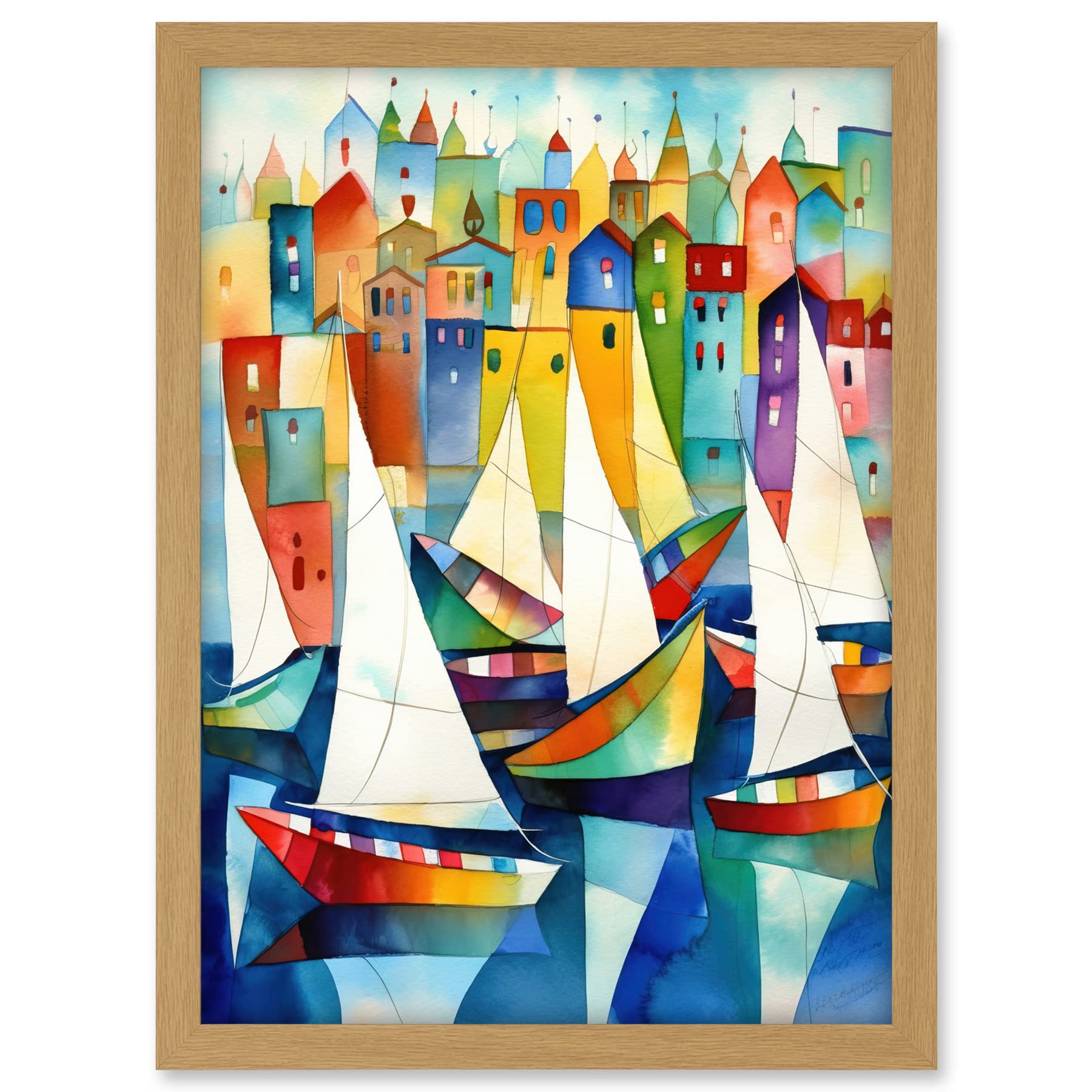 Artery8 Harbour Boats Folk Art Watercolour Painting Artwork Framed A3 Wall Art Print