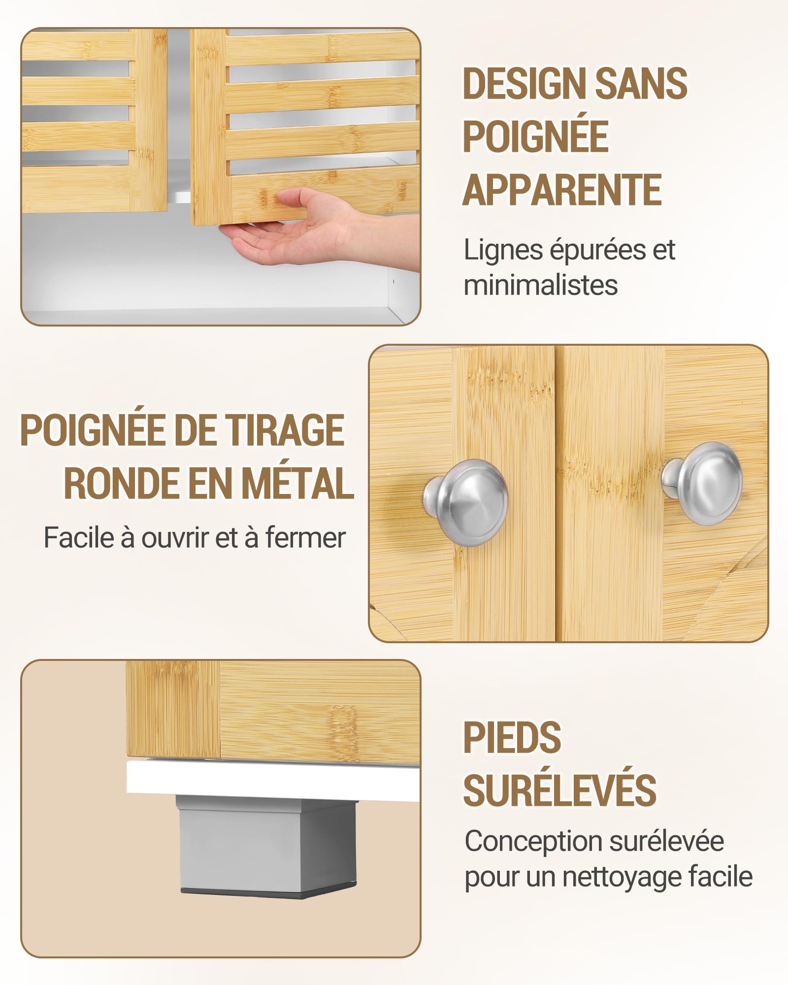 Hzuaneri Meuble Salle de Bain, Armoire de Rangement en Bambou avec Étagère Réglable, Meuble de Rangement avec 4 Portes en Bambou, pour Salon, Salle de Bain, 30 x 60 x 171,5 cm Blanc SC17103X