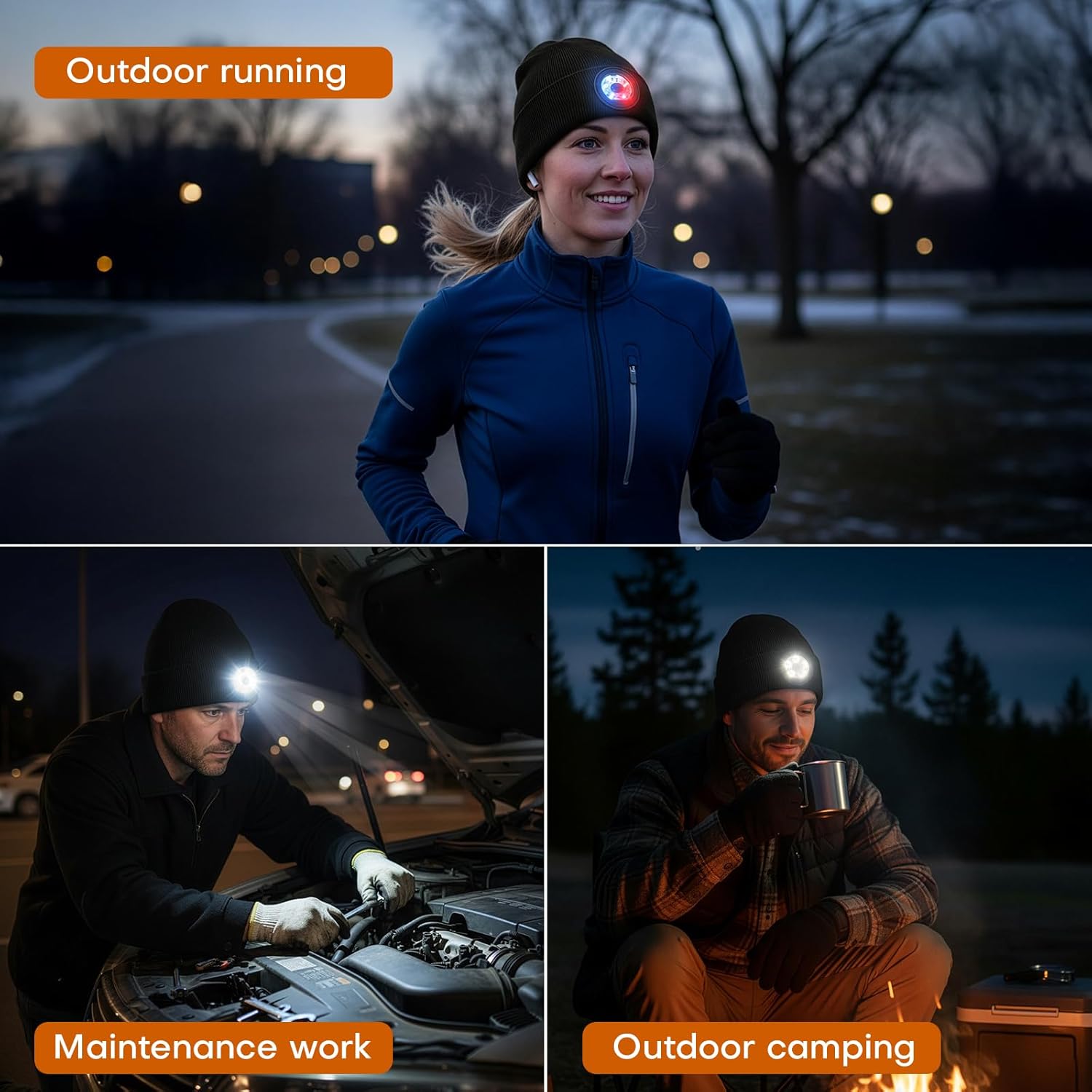 Beanie with Light for Men Women, Unisex USB-C Rechargeable Headlamp Beanie Flashlight Beanie Hat for Men Women (Grey) - Image 2