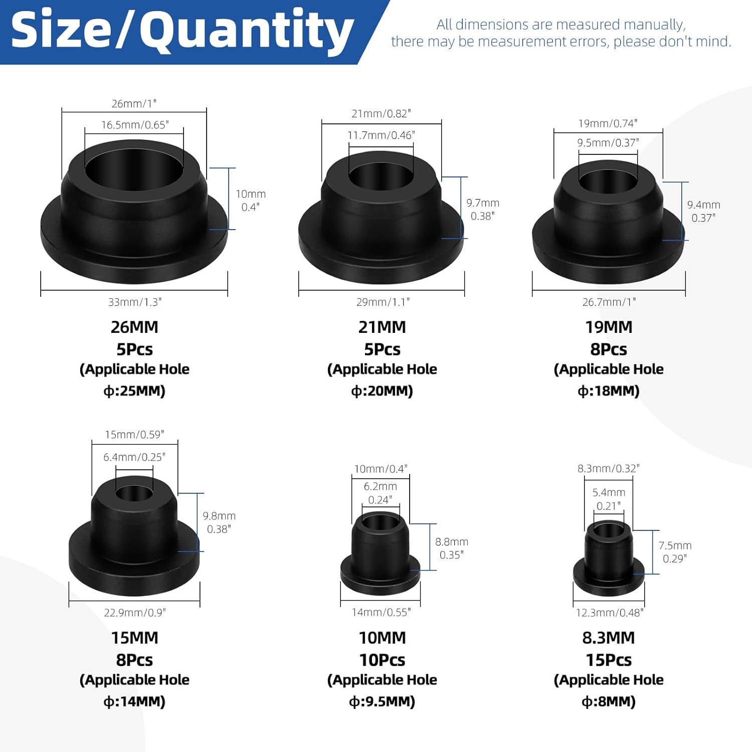 Glarks 51pcs 6 Sizes Hollow Silicone Hole Plug Set, Black High Temp Silicone Plug, T Shaped Stopper Hole Plug, Round Hole Flexible Stopper for Wire Cable, Hole Plugs, Automotive, Water Pipe