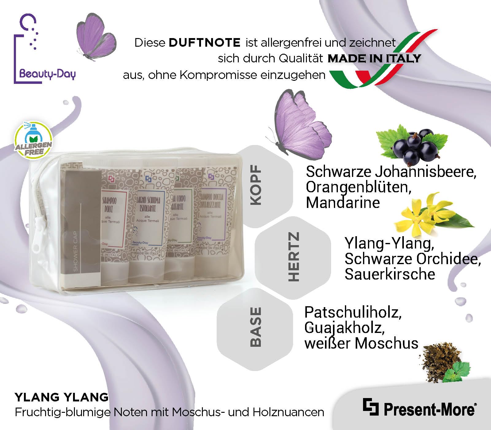 Present-More Amenities Kit Beauty-Day Italy - Welcome Gift Toilettenartikel 24 Gäste für Hotels und B&B | Allergenfreie Amenities Kit mit Duftnote Ylang Ylang