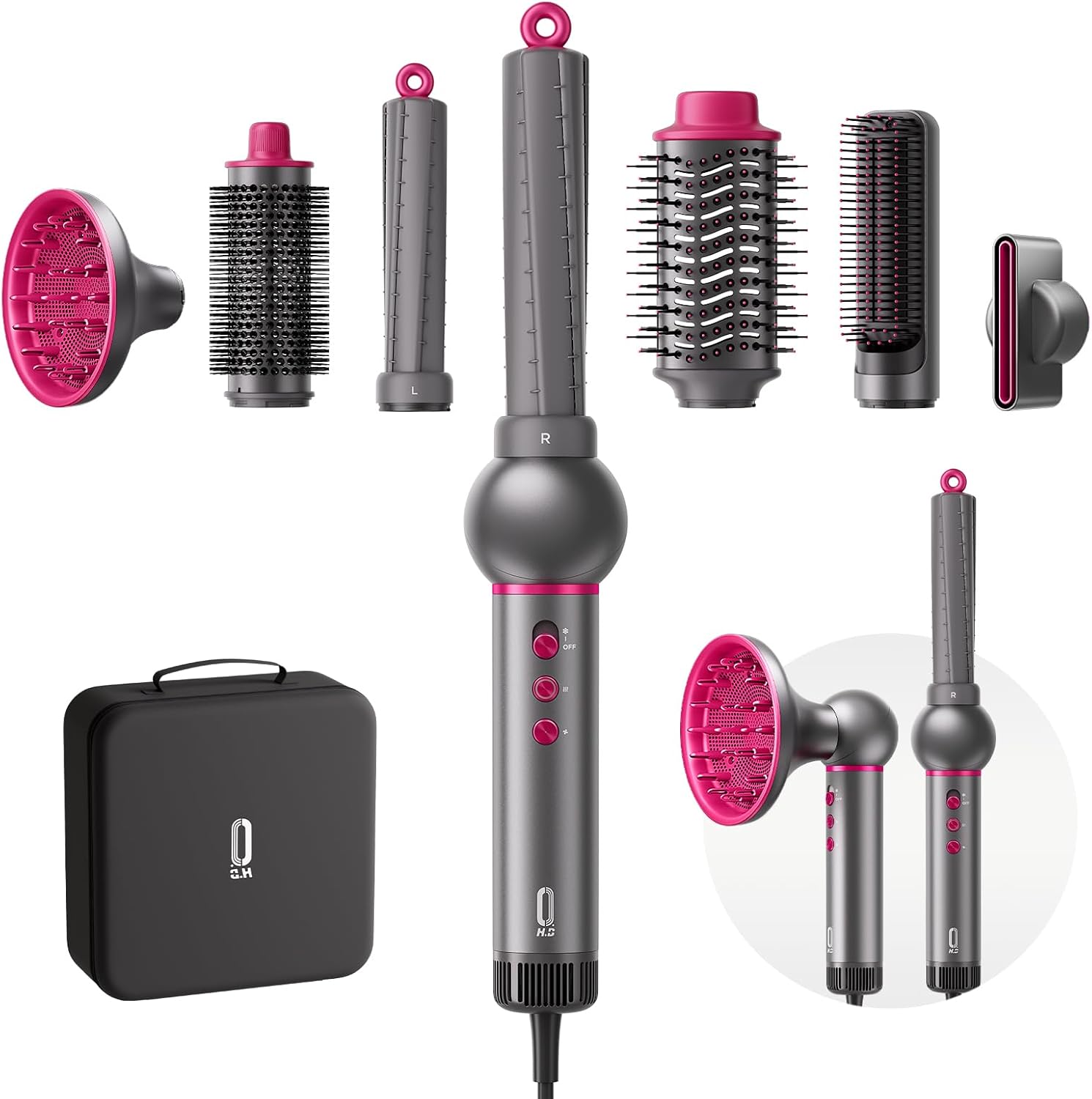 O.H.B 7 in 1 Hair Styler & High Speed Dryer Brush, 110,000RPM Blow Dryer Brush, Ionic Air Styler with Fast Drying, No Heat Damage Air Multi Styler for Volumize, Curl, Straighten, Travel Case, Gray