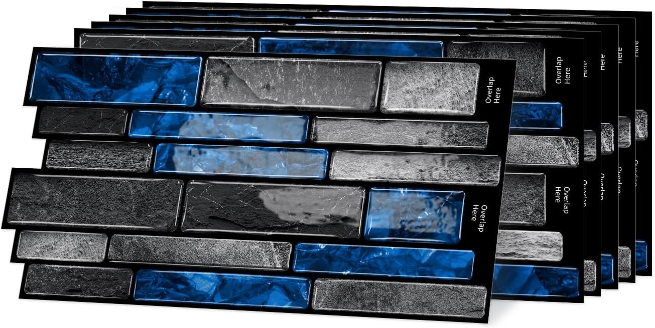 3D Textured Peel and Stick Backsplash,24-Piece PVC Tiles,Black&Blue | Waterproof & Durable, Perfect Decor for Kitchen, Bathroom and Home Wall Renovation