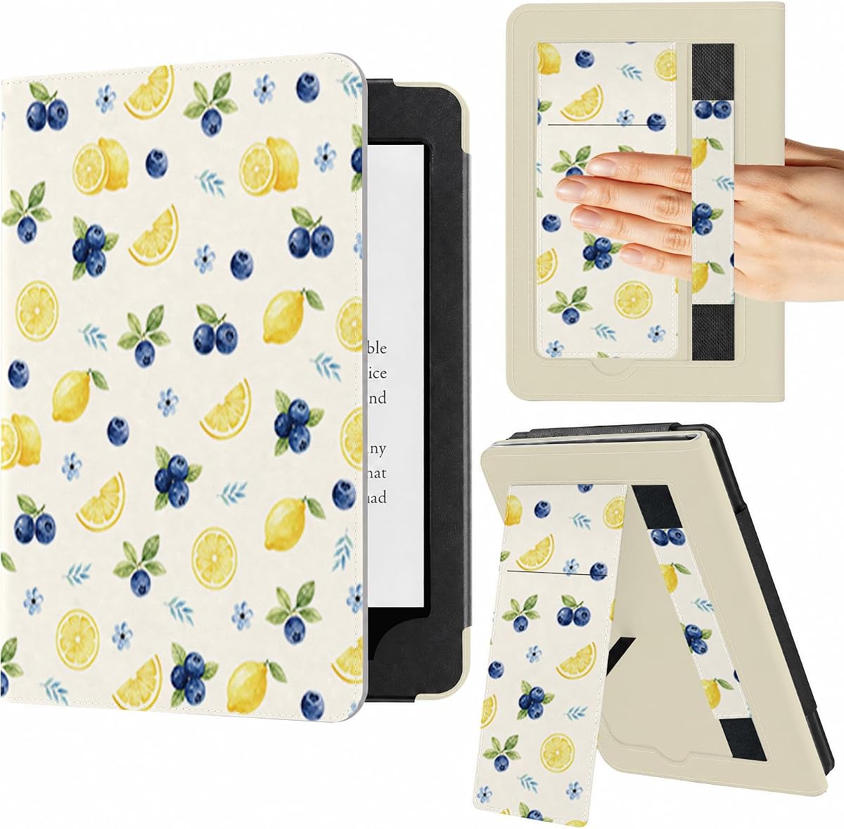 Lemon Blueberry Case for 7"/ 6.8" Kindle Paperwhite 12th/11th Gen & Kindle Colorsoft Signature Edition, PU Leather Cover with Auto Wake/Sleep, Hand Strap, Card Slot