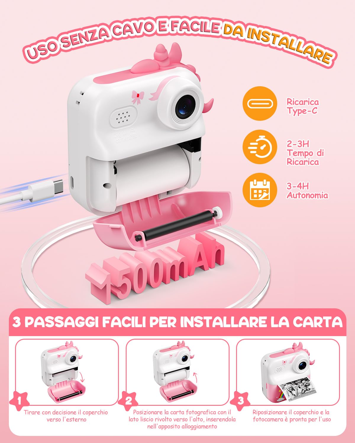 ElecMoga Macchina Fotografica Bambini, 48MP Macchina Fotografica Istantanea | 2,4 Pollici 1080P HD con 32 GB Scheda e 3 Carta da Stampa, Digital Camera Bambini Natale Compleanno Regalo per 3 ai 12 Anni