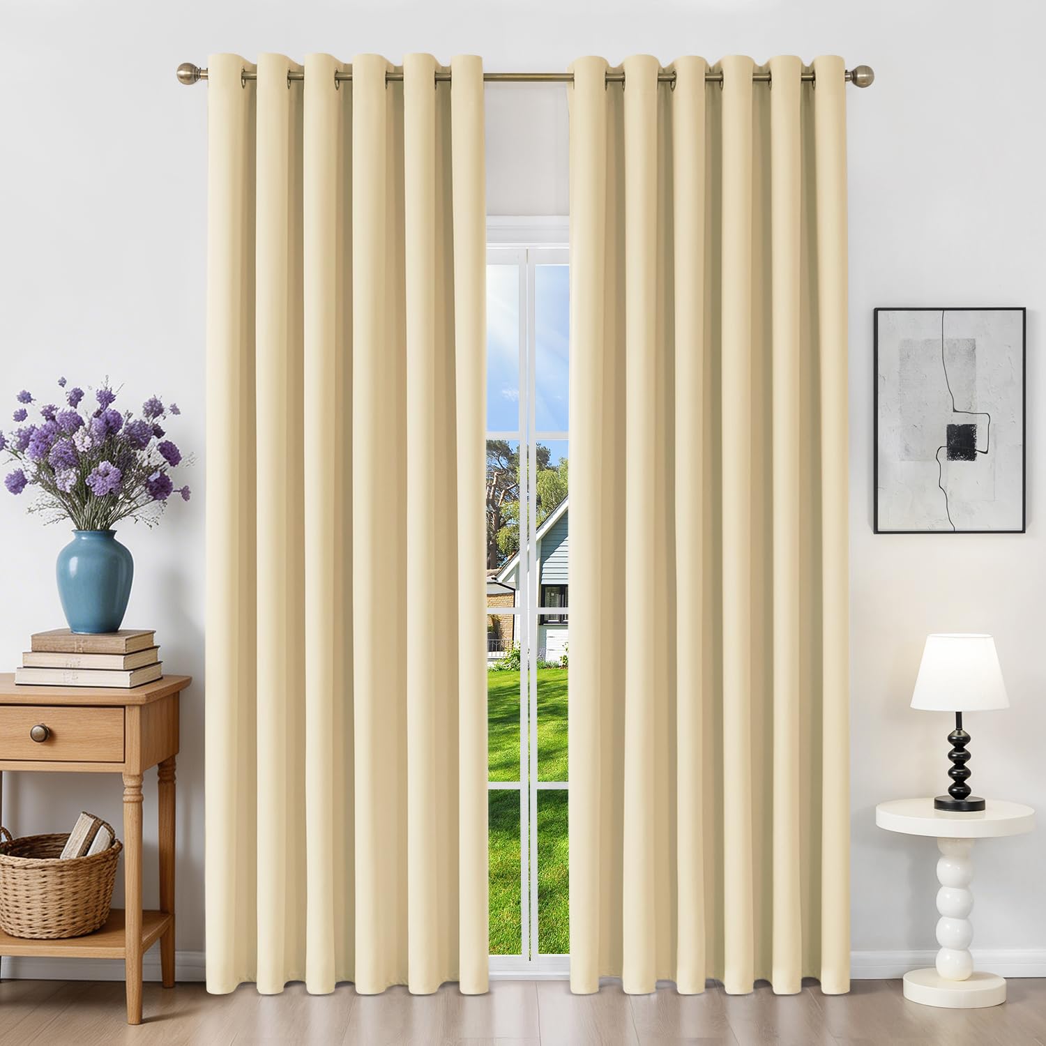 Runyéla Blackout Curtains for Bedroom Eyelet 90 x 90 Inch Drop Thermal Black Out Curtain for Living Room, 2 Panels, Beige
