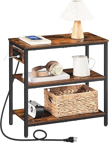 Miniatura 6 de HOOBRO Mesa auxiliar con estación de carga, mesa auxiliar rústica simple con estante de almacenamiento de 3 niveles, mesita de noche estrecha para