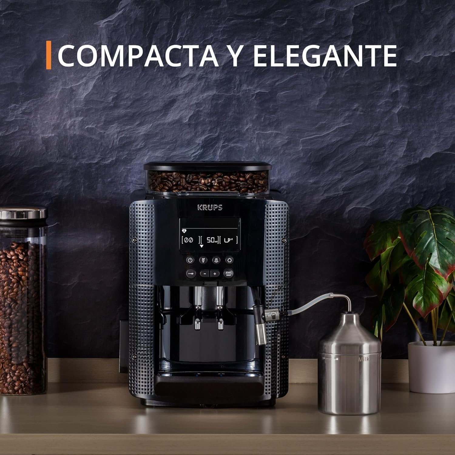 Krups Essential, Cafetera superautomática, Depósito de agua de 1,7 L, 3 niveles de temperatura, 3 texturas de molienda, 15 Bares, Pantalla LCD intuitiva, Incluye accesorio para la leche, Negra, EA8160
