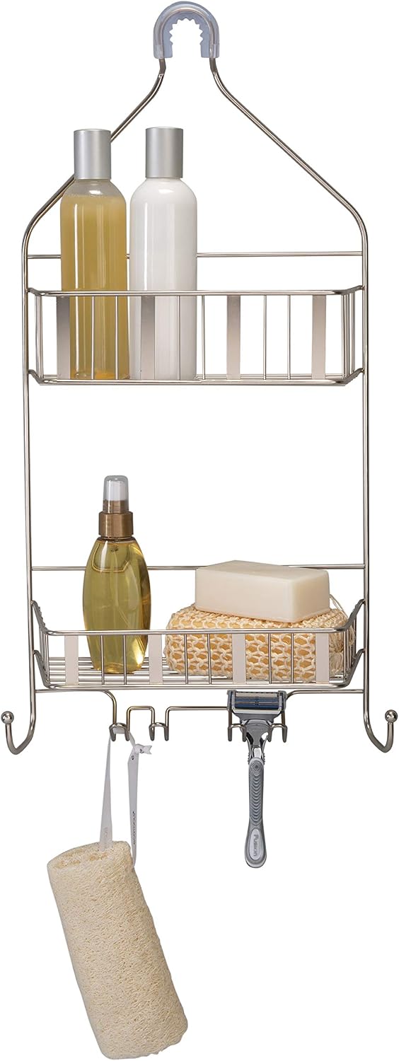 Laura Ashley Aristo Shower Caddy | Dimensions: 10"x 4"x 22" | Durable | Holds Large Bottles | 4 Razor Hooks | 2 Hooks | Holds Luffas | Holds Wash Clothes | Shower Accessories| Satin