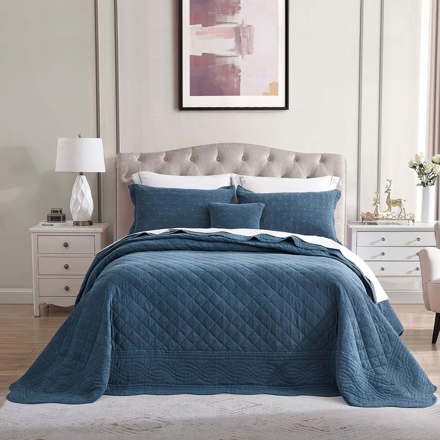HZ & HY Oversized King Bedspread 128x120 Extra Wide - Shabby Chic Rustic Look - Enzyme Washed, Ultra Soft & Lightweight, Reversible, Cotton/Polyester, 5 Piece, Majolica Blue