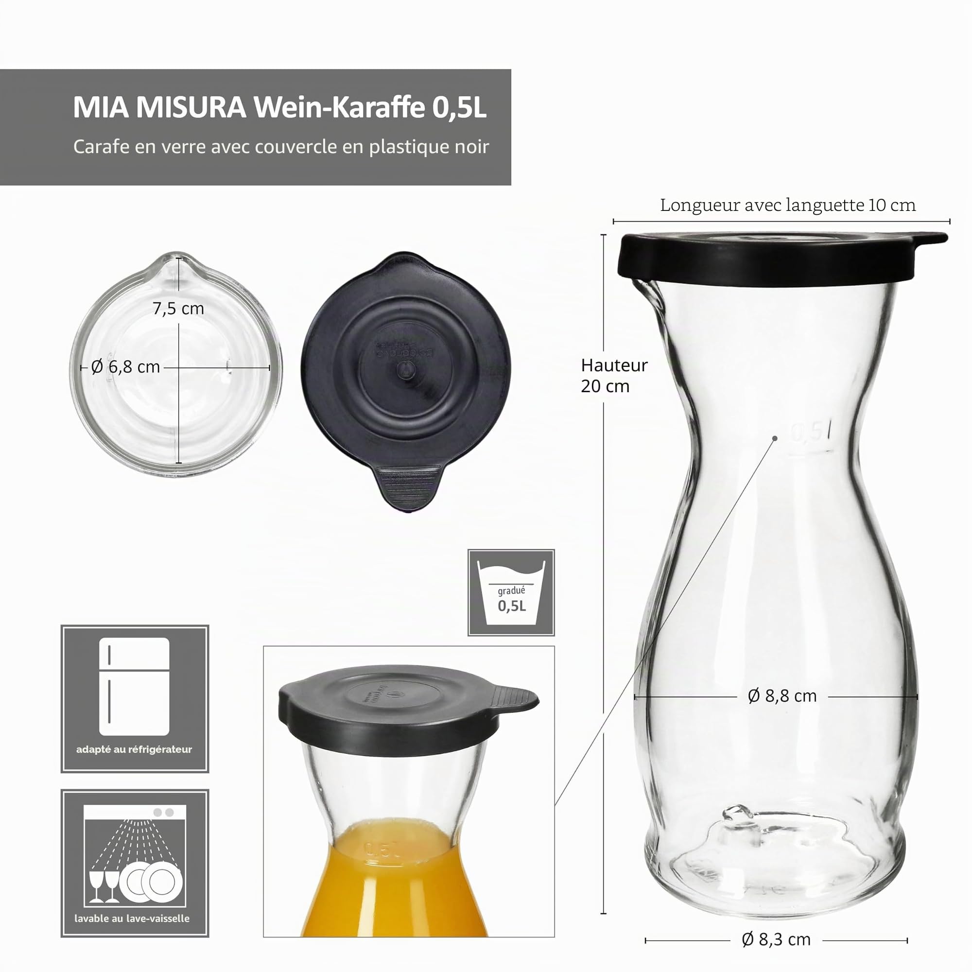 MamboCat Mia Misura Lot de 6 carafes à vin avec couvercle en plastique noir I 0,5 l Calibré I Carafe en verre avec bec verseur pour vin, eau, jus, lait, etc.