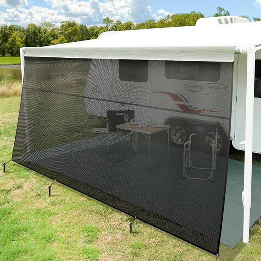 SCITOO RV Awning Sun Shade Screen with Zipper 9FT*14FT Awnings Black Mesh Sunscreen Shade Complete Kits for Trailer Awning