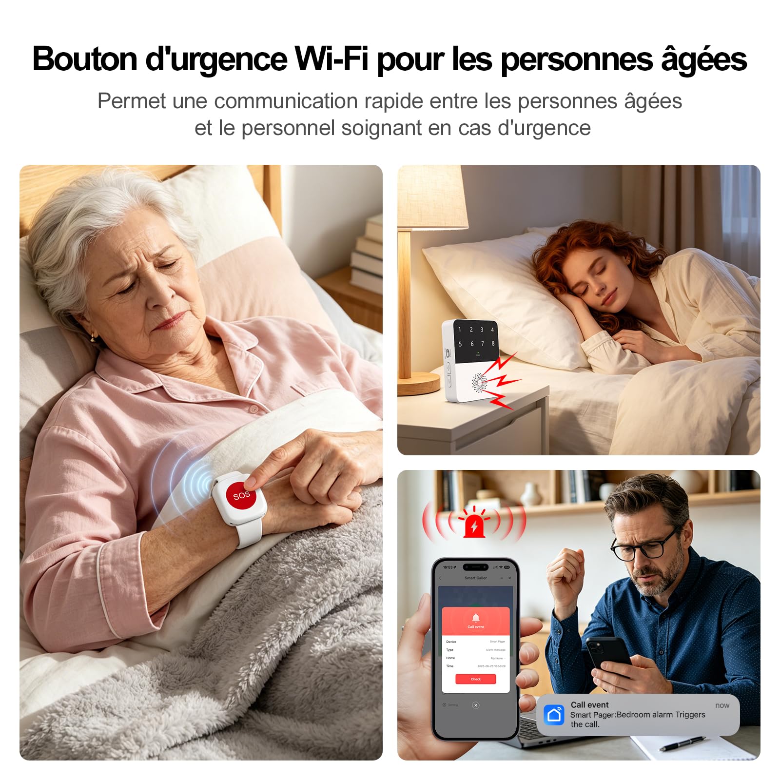 Bouton d'appel d'urgence pour Personnes âgées avec WiFi, Bracelet SOS pour Personnes âgées, Bouton d'alarme Mobile, Bracelet d'appel d'urgence pour Patients et handicapés
