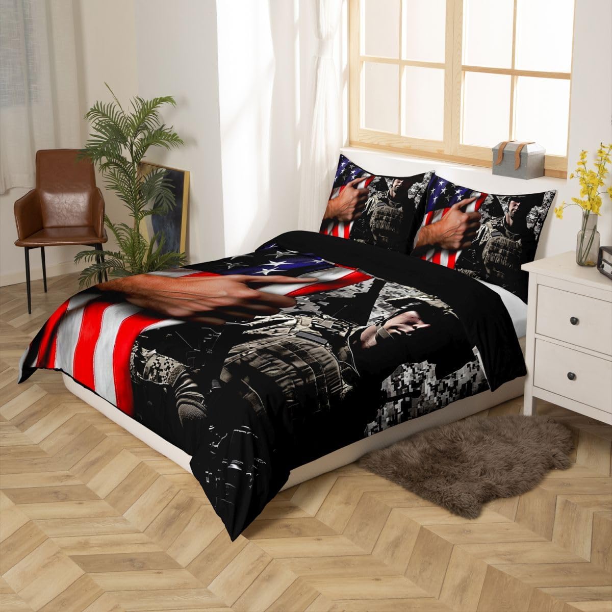 American Flag Bedding Set Twin for Boys Teens Men Retro Army Green Camo Usa Flag Comforter Cover Military Camouflage Soldier Duvet Cover for Kids Adult Youth Bedroom Decor, with 1 Pillowcase
