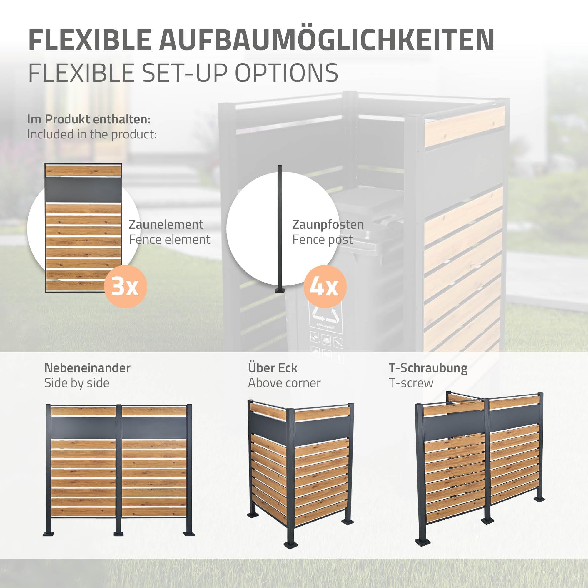 ML-Design Mülltonnenzaun für 1 Mülltonne, Anthrazit-Holzoptik, aus Stahl, 91x91x150 cm, rostfrei, massiv, erweiterbar, Mülltonnenbox Mülltonnenverkleidung Mülltonnenaufbewahrung Garten Sichtschutz