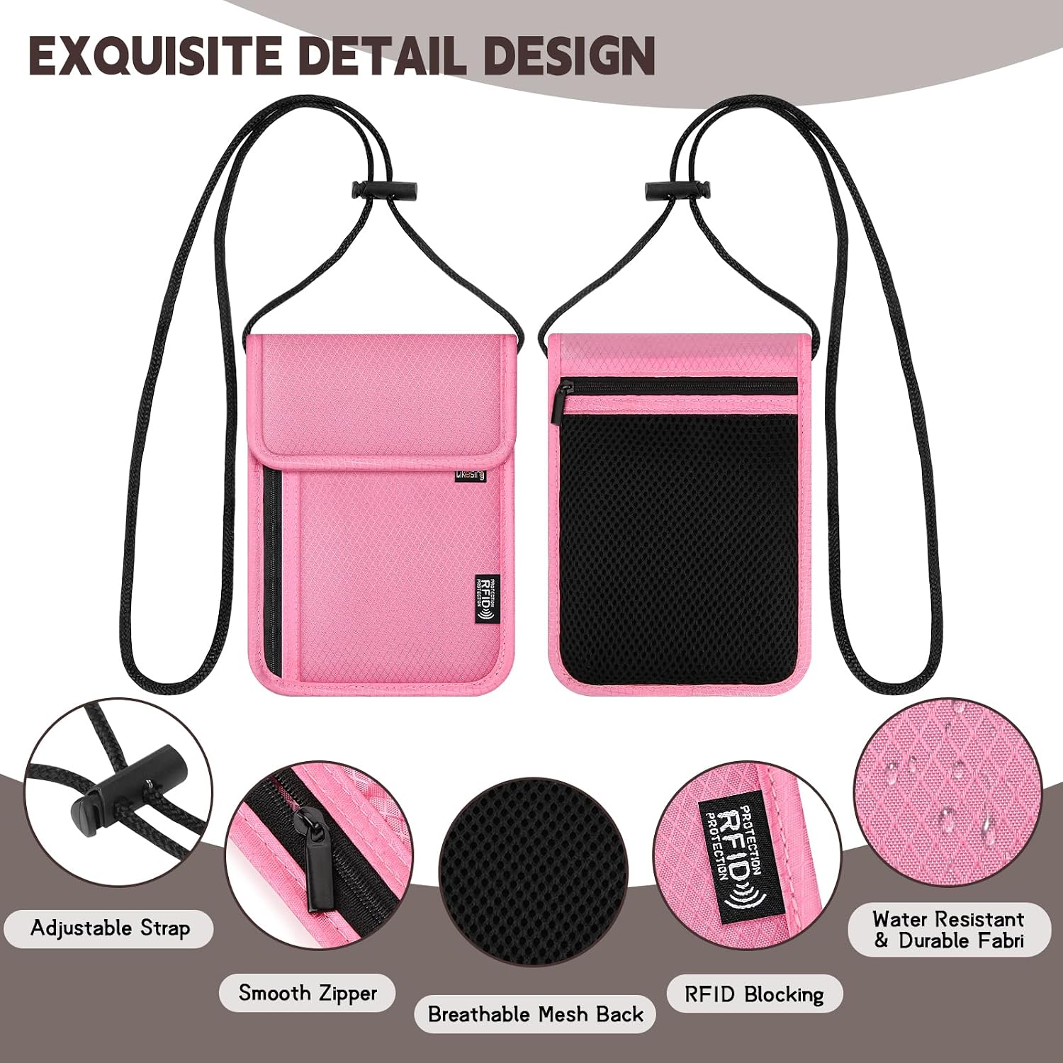 Likesing 5.5" L x 7.9" W Travel Neck Wallet, RFID Passport Holder(Pink) image 3