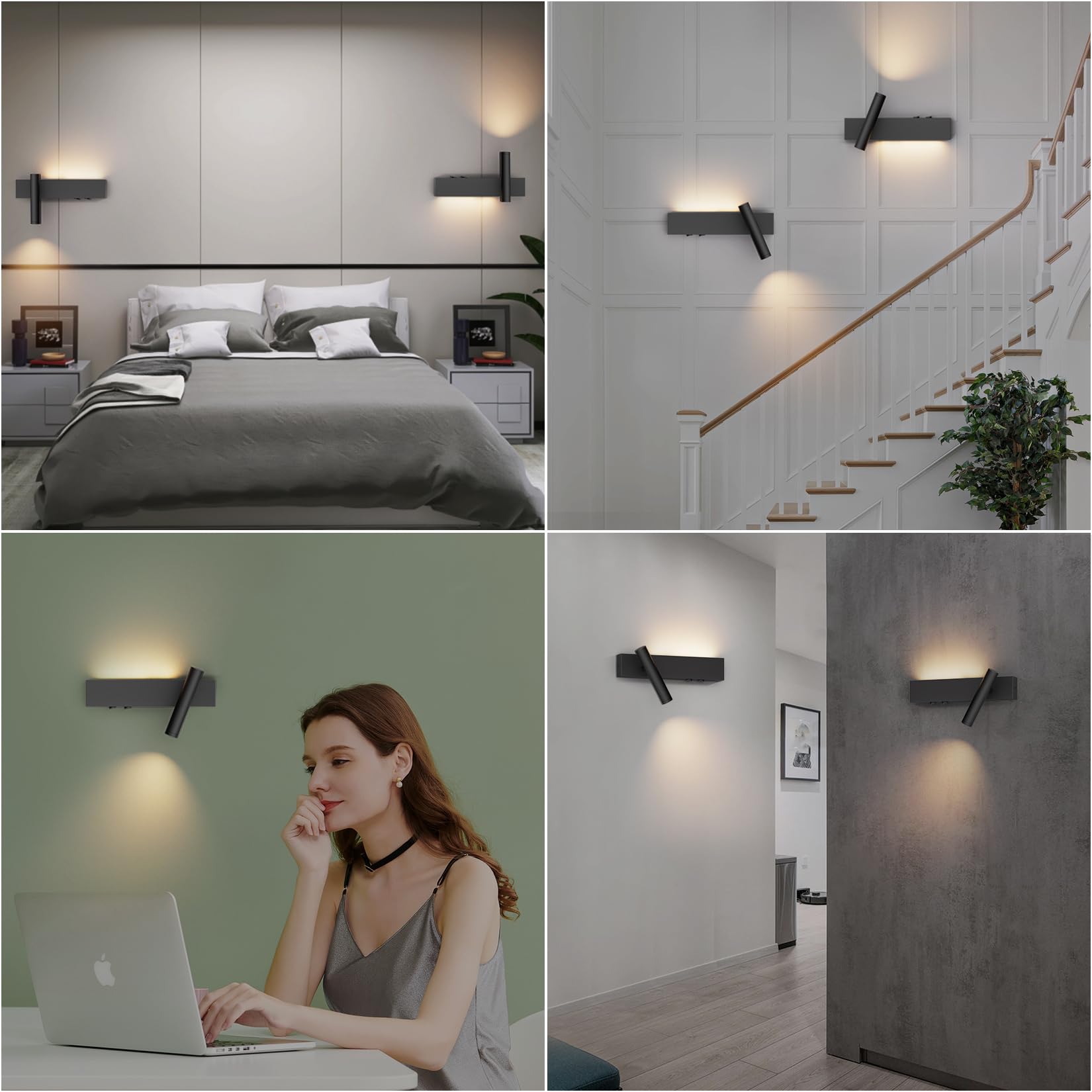 Klighten 2 Stück LED Wandleuchte Innen, 3W+3W Wandleuchten 2 flammig, 3000K Wandlampe mit 2 Schalter, Rundes Wandstrahler 330°Drehbar /60°Verstellbarer, für Schlafzimmer, Aluminium, Schwarz, Warmweiß