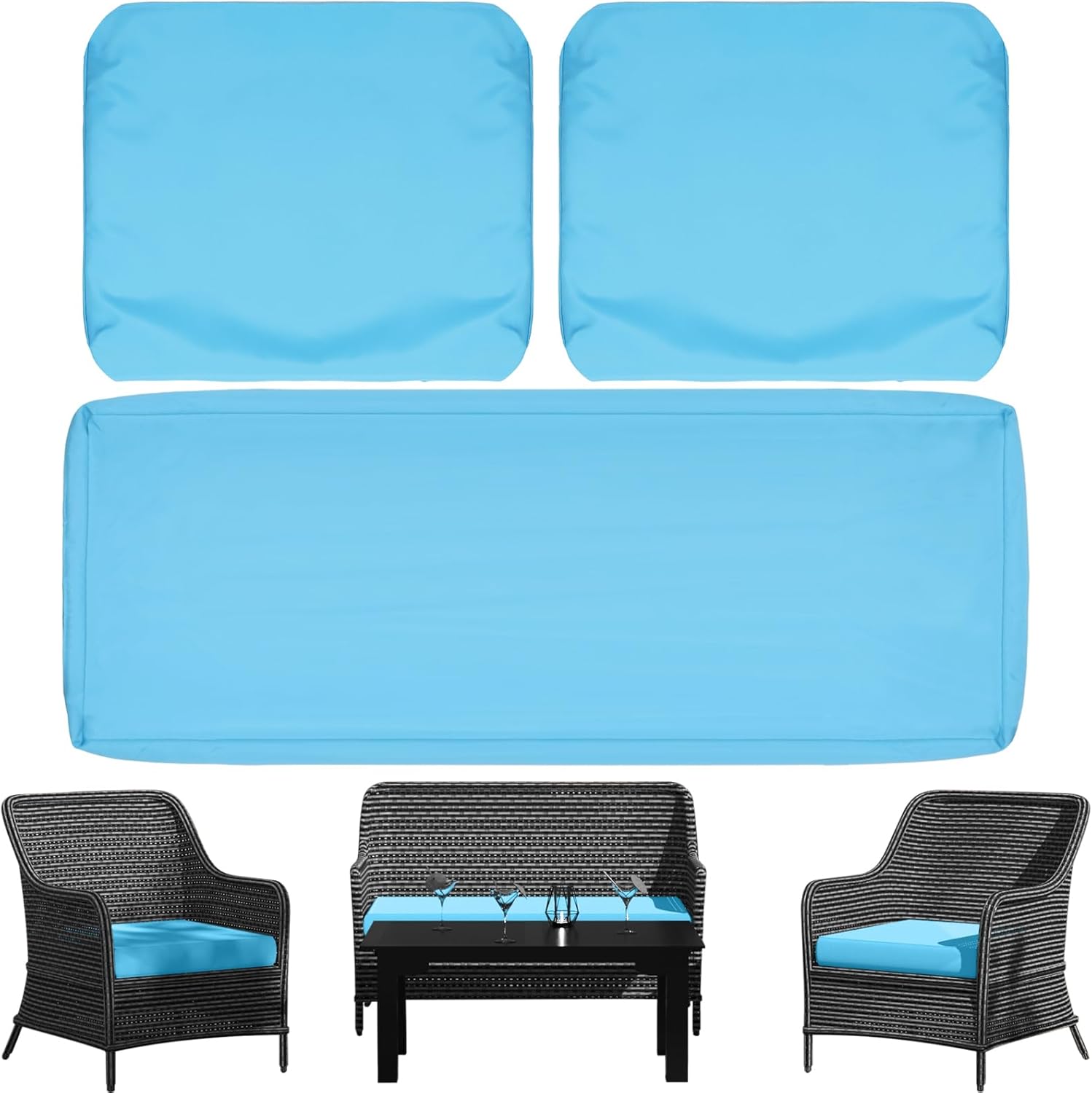 3 Pack Outdoor Patio Seat Cushions Replacement Covers Fit for 4 Pieces 4-Seater Wicker Rattan Patio Conversation Set Loveseat Chair Couch
