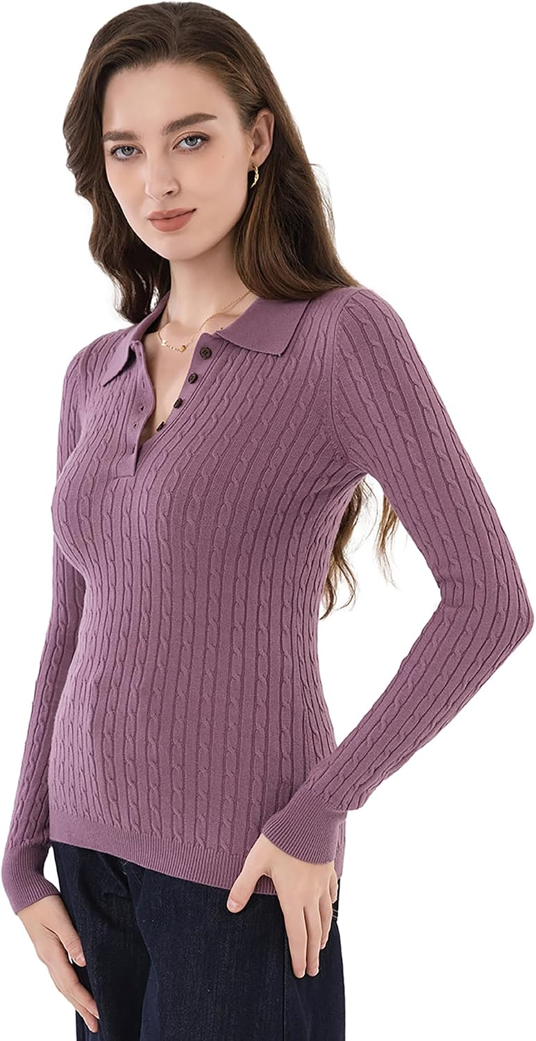 AmélieBoutik Women Cable Knit V Neck Long Sleeve Button Up Polo Shirt