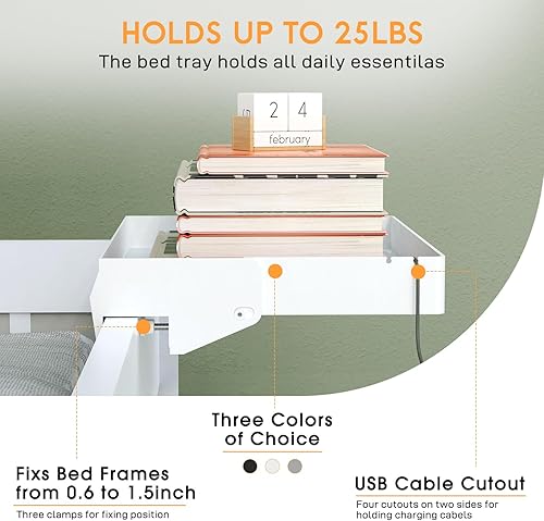 Miniatura 3 de SPACELEAD Estante de noche para cama, dormitorio universitario, mesita de noche con soporte para tazas y soporte para cables, bandeja para