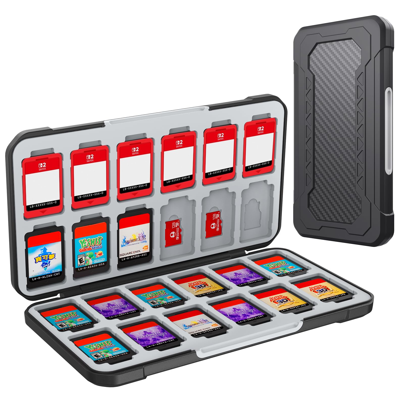 HEIYING Switch Spiele Aufbewahrung für Nintendo Switch 2 /Lite/OLED, Schwarze Kohlenstofffaser Oberflächenprozess Design Speicherkarte Hülle mit 24 Spiel Karten Slots und 24 Micro SD Karten Slots