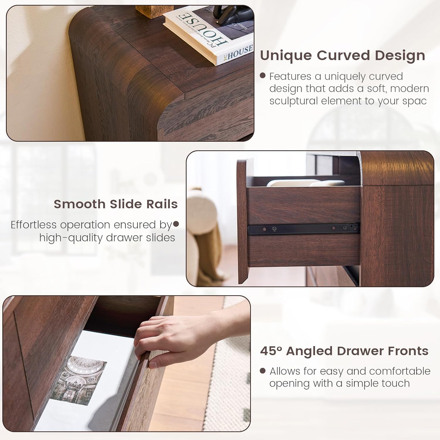Modern Walnut 9-Drawer Curved Dresser - Bedroom Storage Chest 57"W
