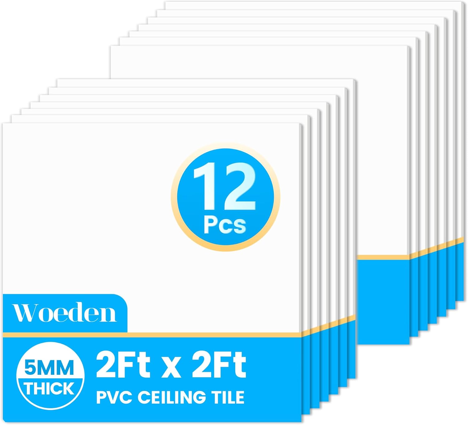 WOEden Drop Ceiling Tiles, 12 Pack Ceiling Tile 2ft x 2ft PVC Panel Cover 5mm Waterproof Washable and Fire-Rated Drop Tile 48 Sq. Ft - White (White, 2FT X 2FT)