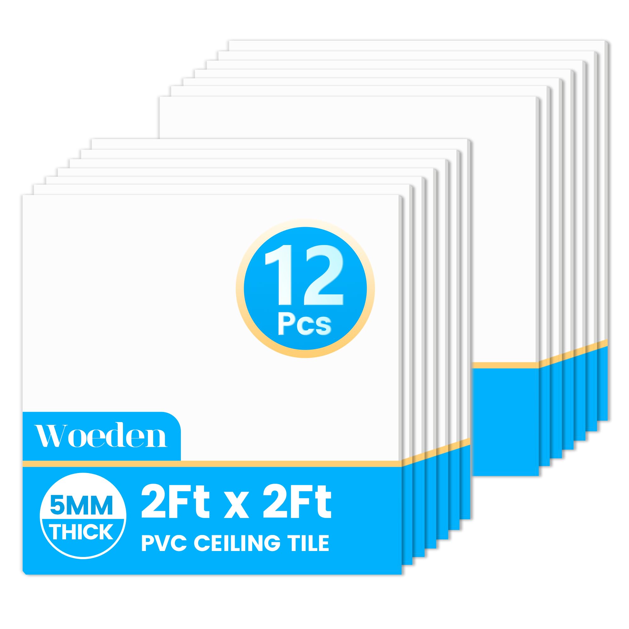 WOEden Płytki sufitowe, 12 szt. płytek sufitowych, 6 m x 0,6 m, osłona panelu PCW, 5 mm, wodoodporna, nadająca się do prania i ognioodporna, 96 m2 – biała (biała, 5 x 5 m)